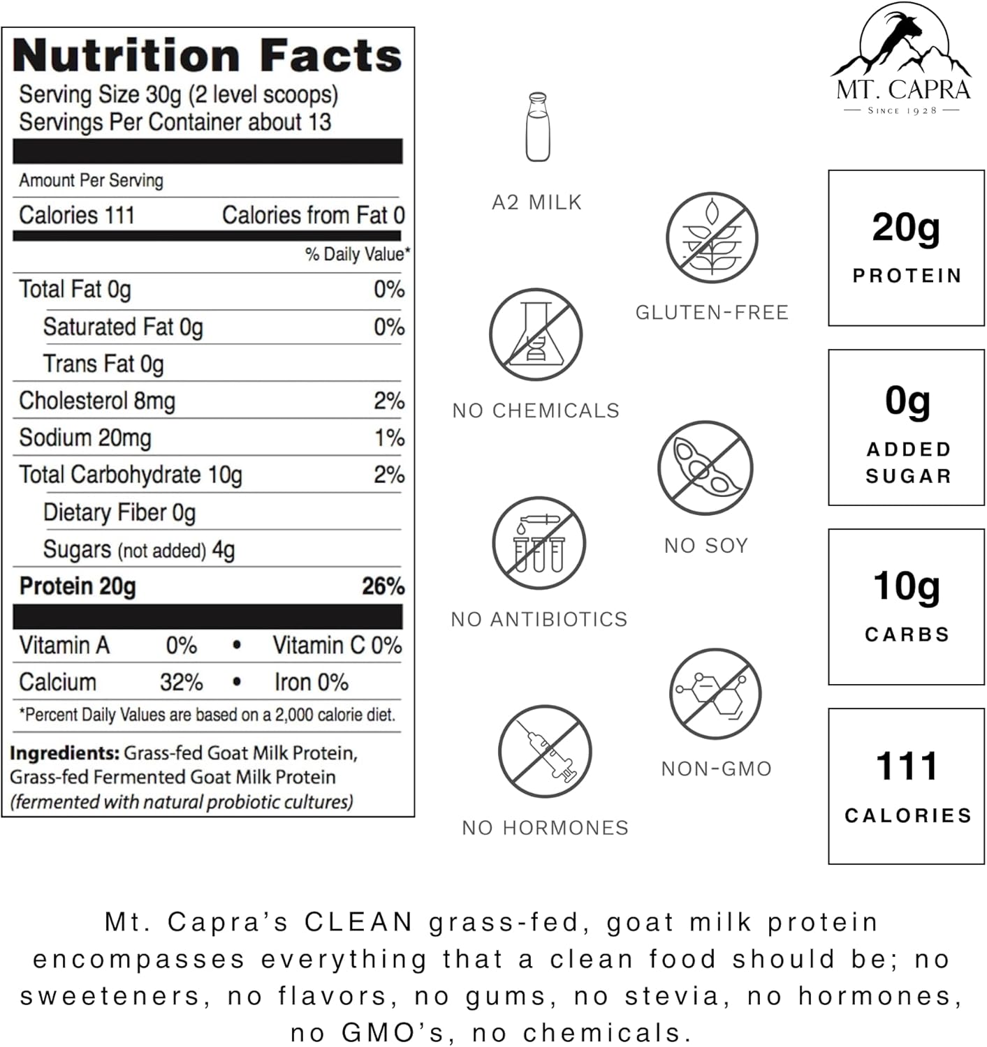 Mt. Capra Clean Whole Protein + Fermented Protein | Easy to Digest Whey and Casein Protein from Grass-Fed Goats | 20 g Protein per Serving | Unflavored | 13 Servings - 14.1 oz