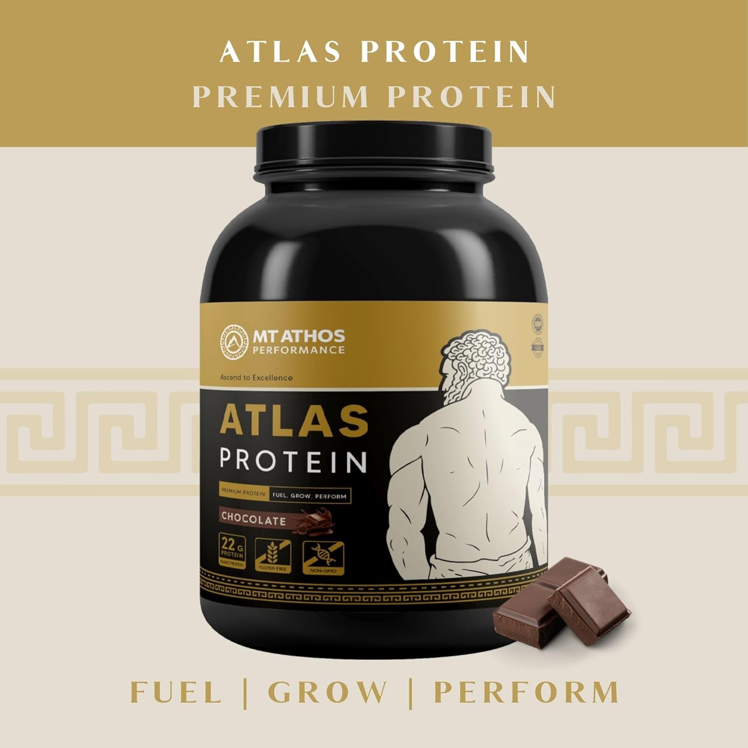 Alternative view of Mt. Athos Performance Atlas Chocolate Protein Powder | Goat Milk Whey with Casein Protein | 22 g Protein per Serving | Chocolate | 28 Servings