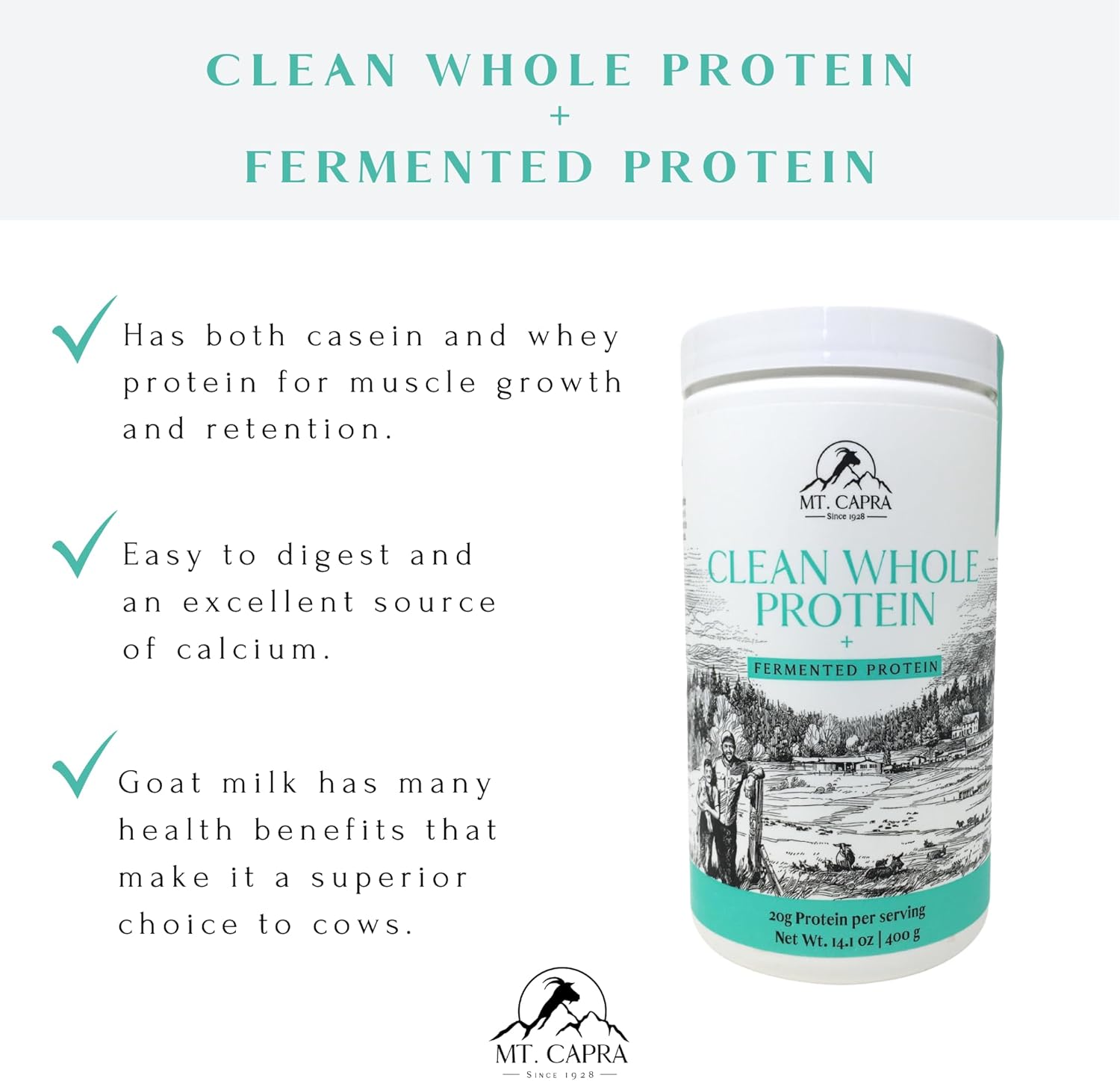 Alternative view of Mt. Capra Clean Whole Protein + Fermented Protein | Easy to Digest Whey and Casein Protein from Grass-Fed Goats | 20 g Protein per Serving | Unflavored | 13 Servings - 14.1 oz