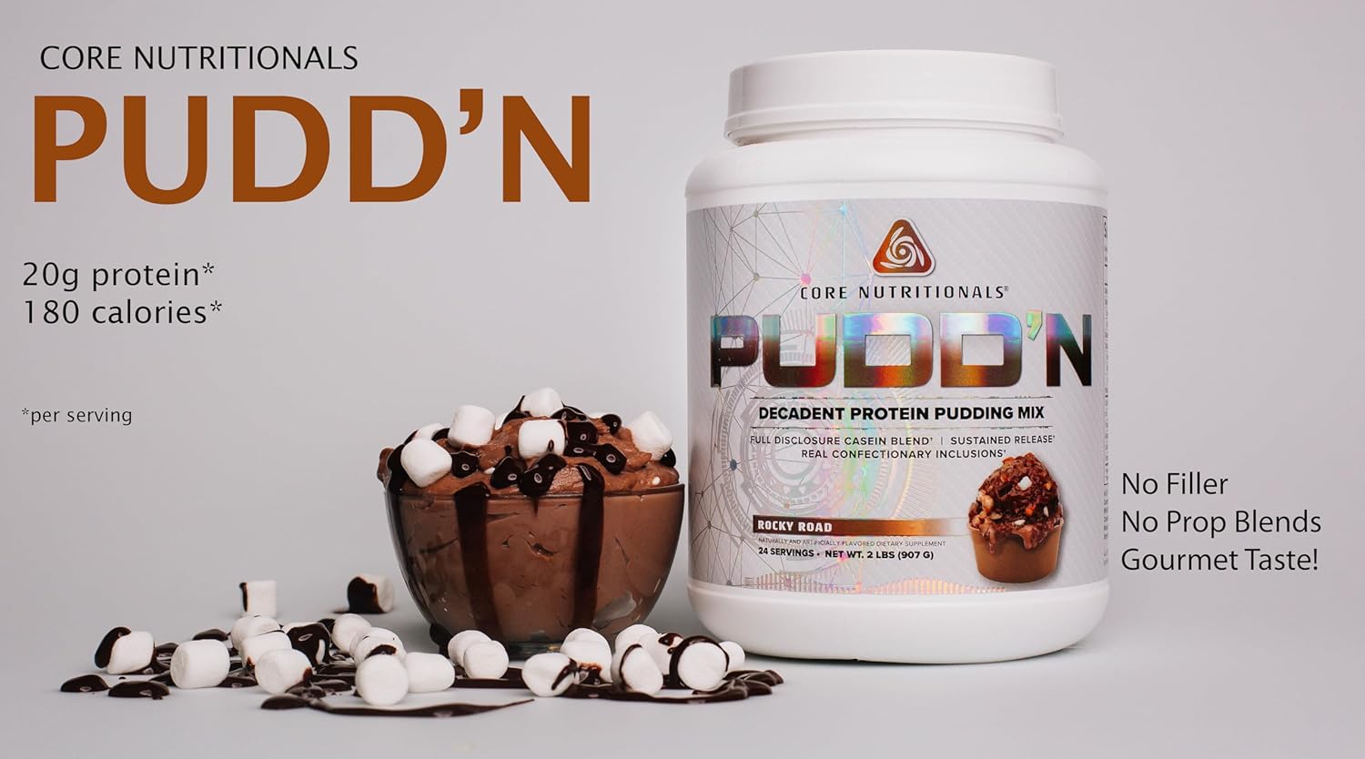 Core Nutritionals Pudd'n, Decadent Protein Pudding Mix, Full Disclosure Casein Blend, Sustained Release, 20G Protein, 27 Servings (Rocky Road, 2 lb)