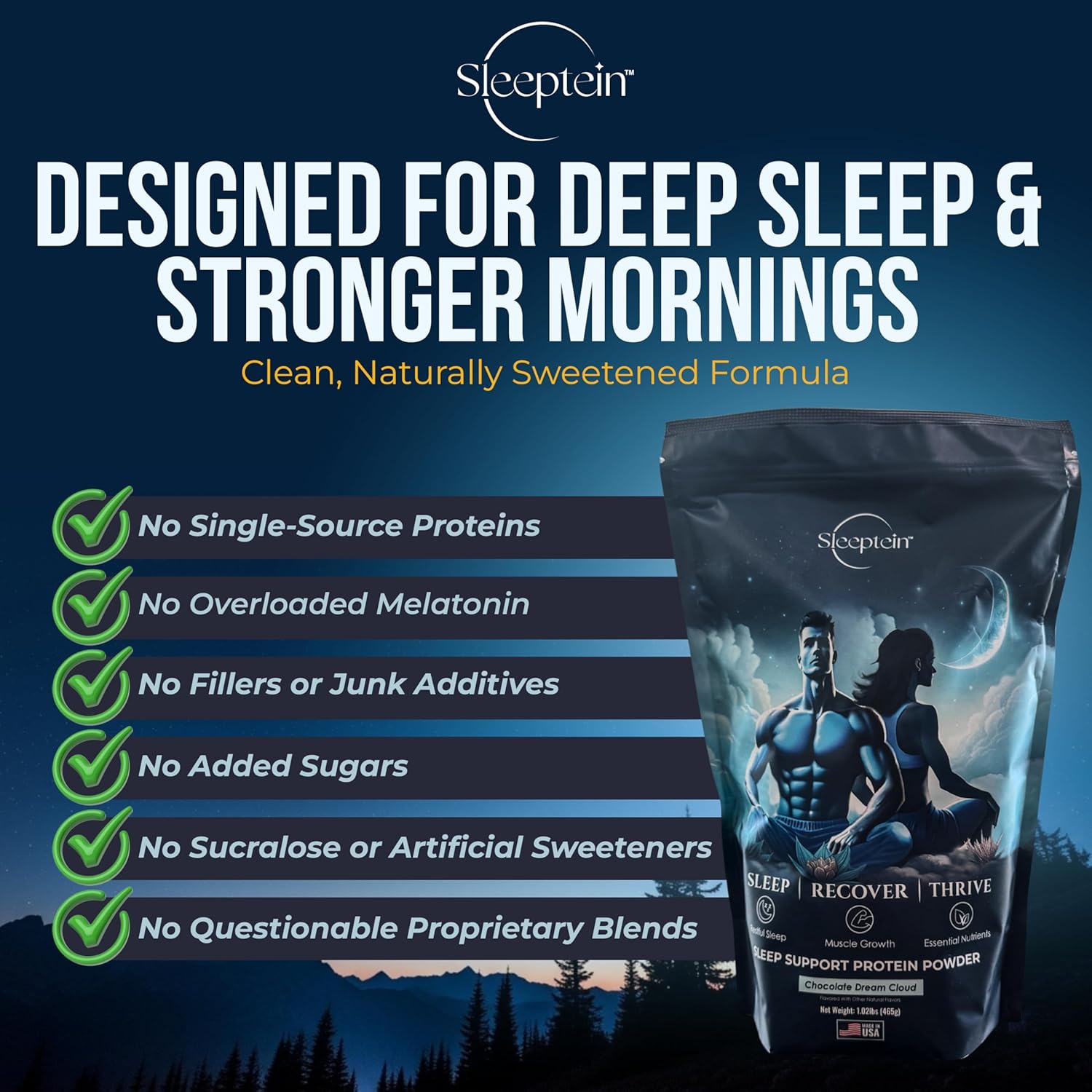 Sleeptein™ Sleep Support Protein Powder Nighttime Recovery with Casein, Grass Fed Whey, Magnesium, GABA, L-Theanine, Melatonin, and Natural Sleep Aids