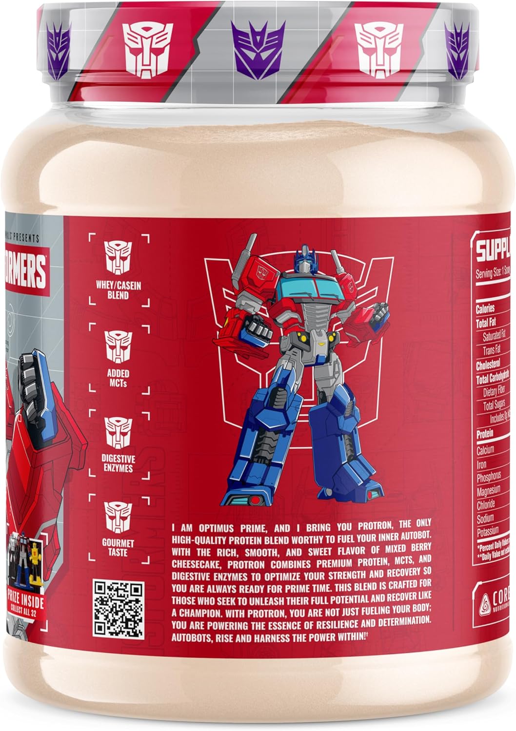 Core Nutritionals Transformers Protron Protein | Whey + Casein Blend | MCTs & Digestive Enzymes | 25g Protein | Free Prize Inside - Optimus Prime | 2 Pound (Mixed Berry Cheesecake)