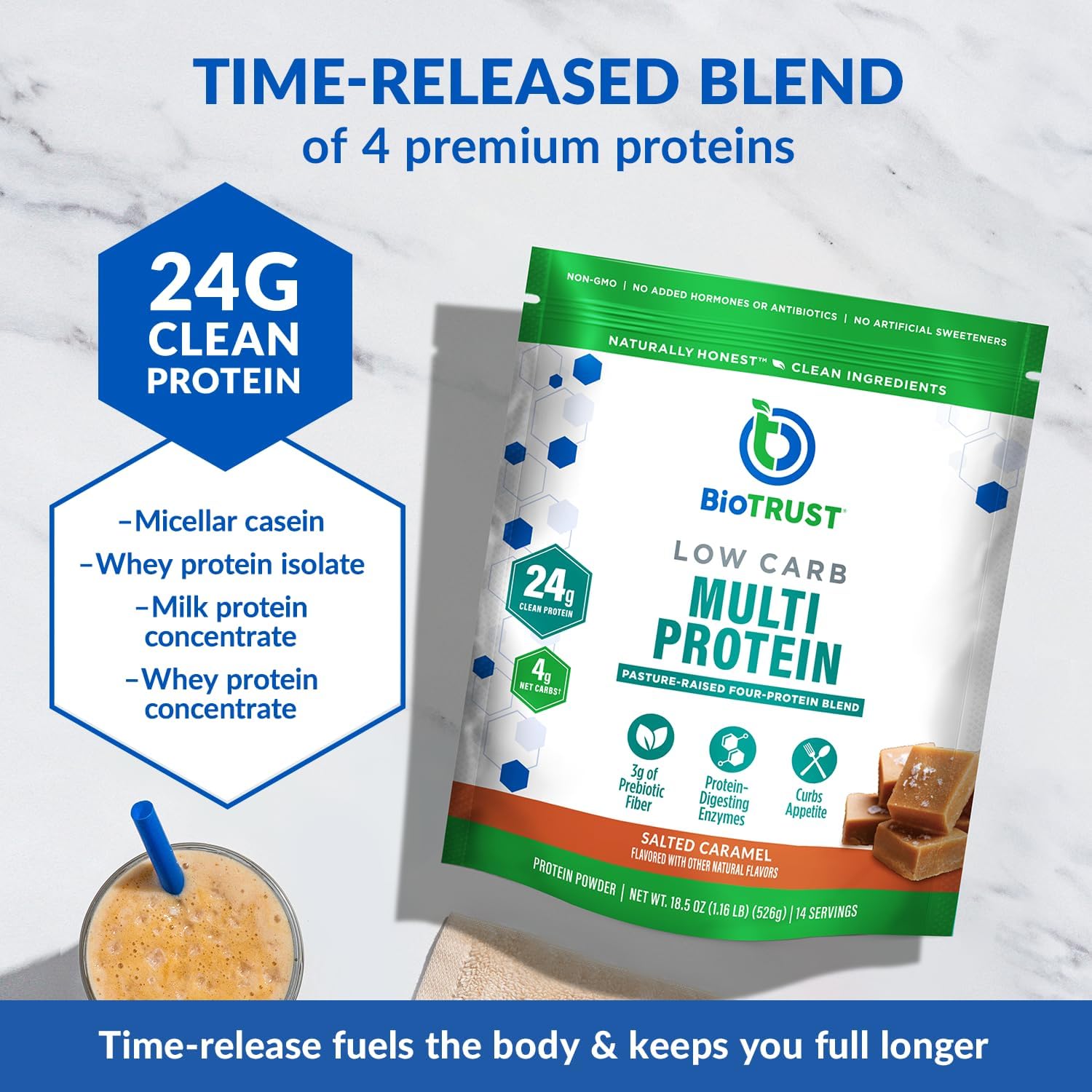 BioTrust Low Carb Protein Powder - Healthy Isolated Whey Protein Powder and Casein Blend from Grass-Fed, Pasture-Raised Cattle, Plus Digestive Enzymes - Salted Caramel, 14 Servings