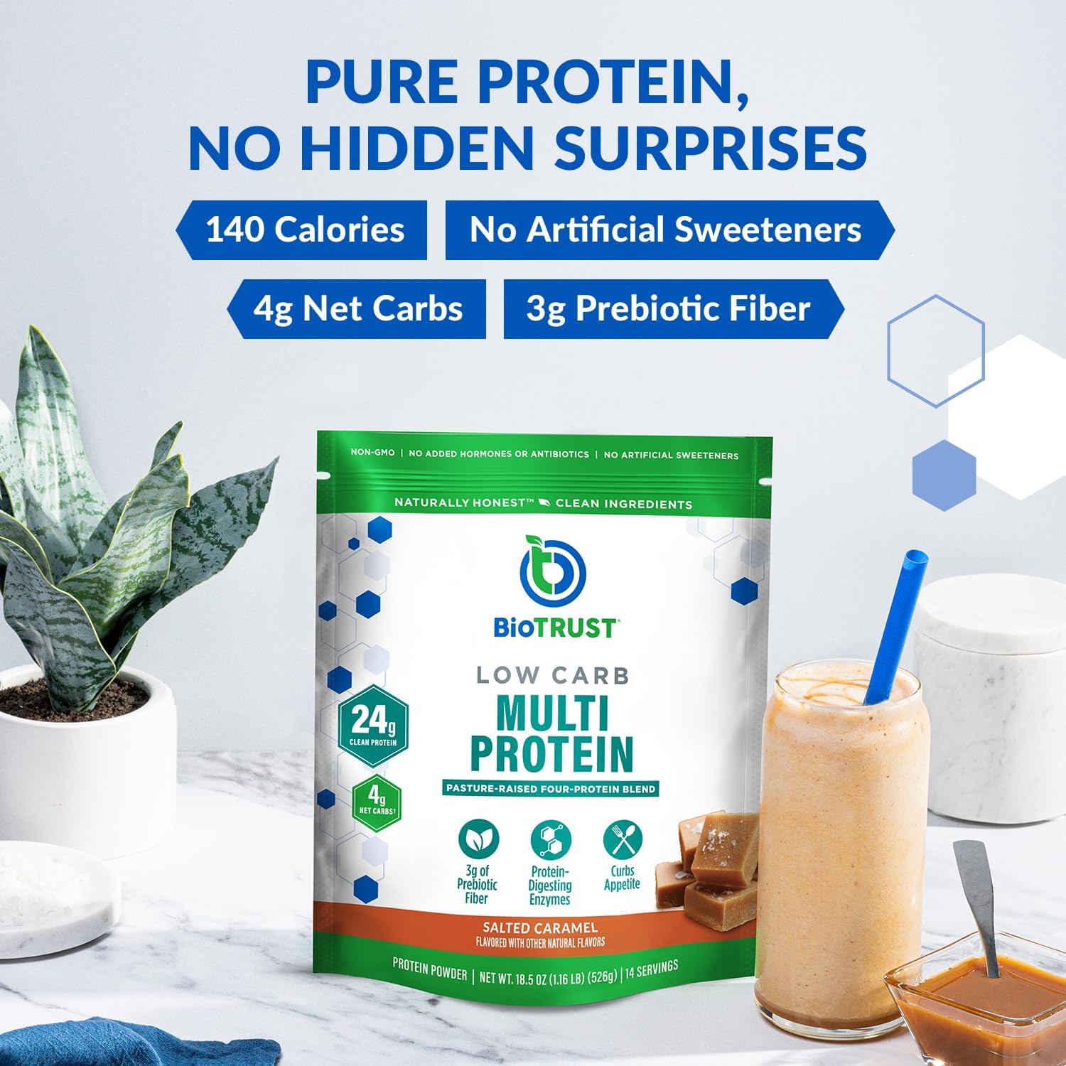 Alternative view of BioTrust Low Carb Protein Powder - Healthy Isolated Whey Protein Powder and Casein Blend from Grass-Fed, Pasture-Raised Cattle, Plus Digestive Enzymes - Salted Caramel, 14 Servings