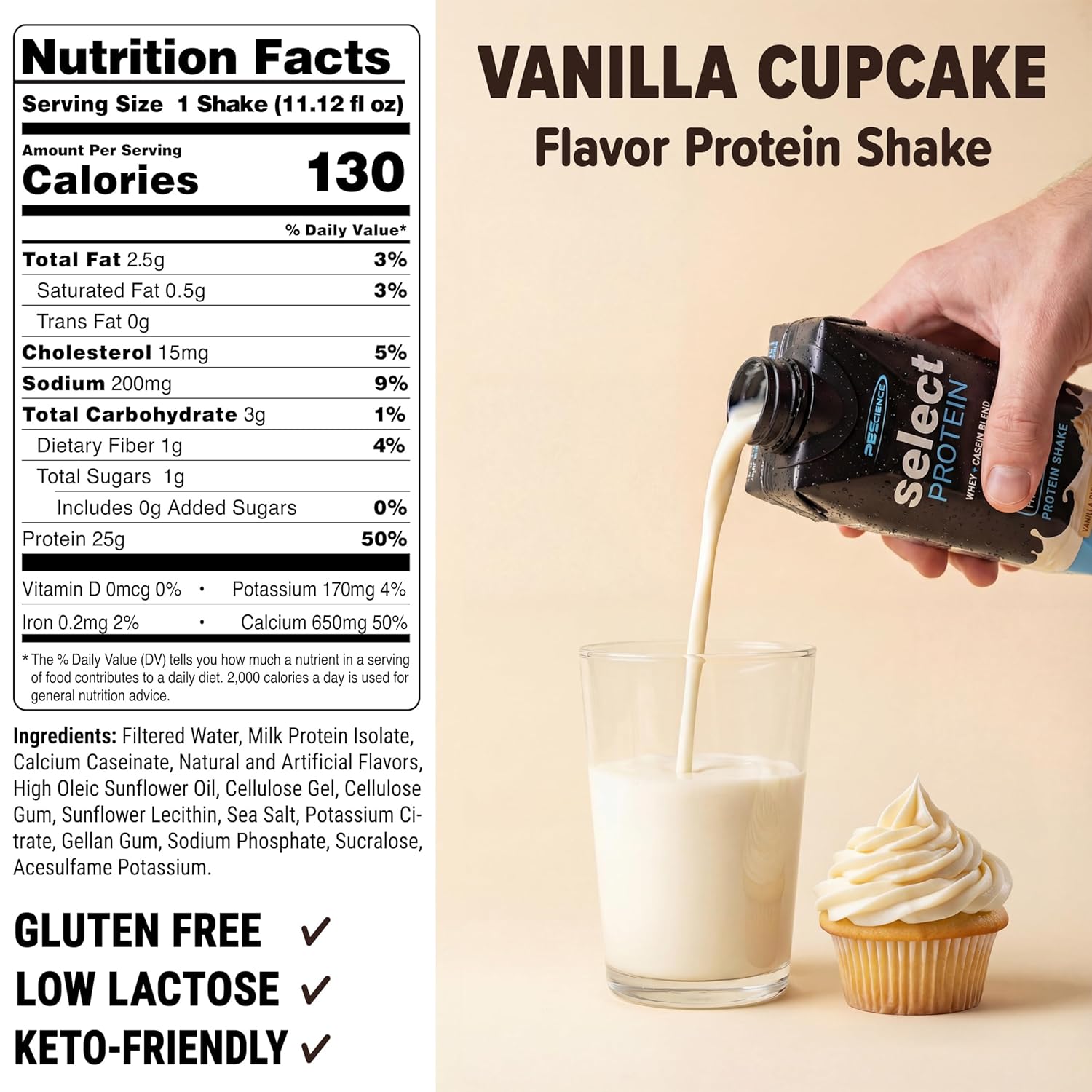 PEScience Select Protein Shake RTD, 25g Whey and Casein Blend, High Protein Drink, Gluten Free, Keto Friendly, 0g Sugar, Low Carb Ready to Drink Meal Replacement, Vanilla Cupcake - Pack of 4