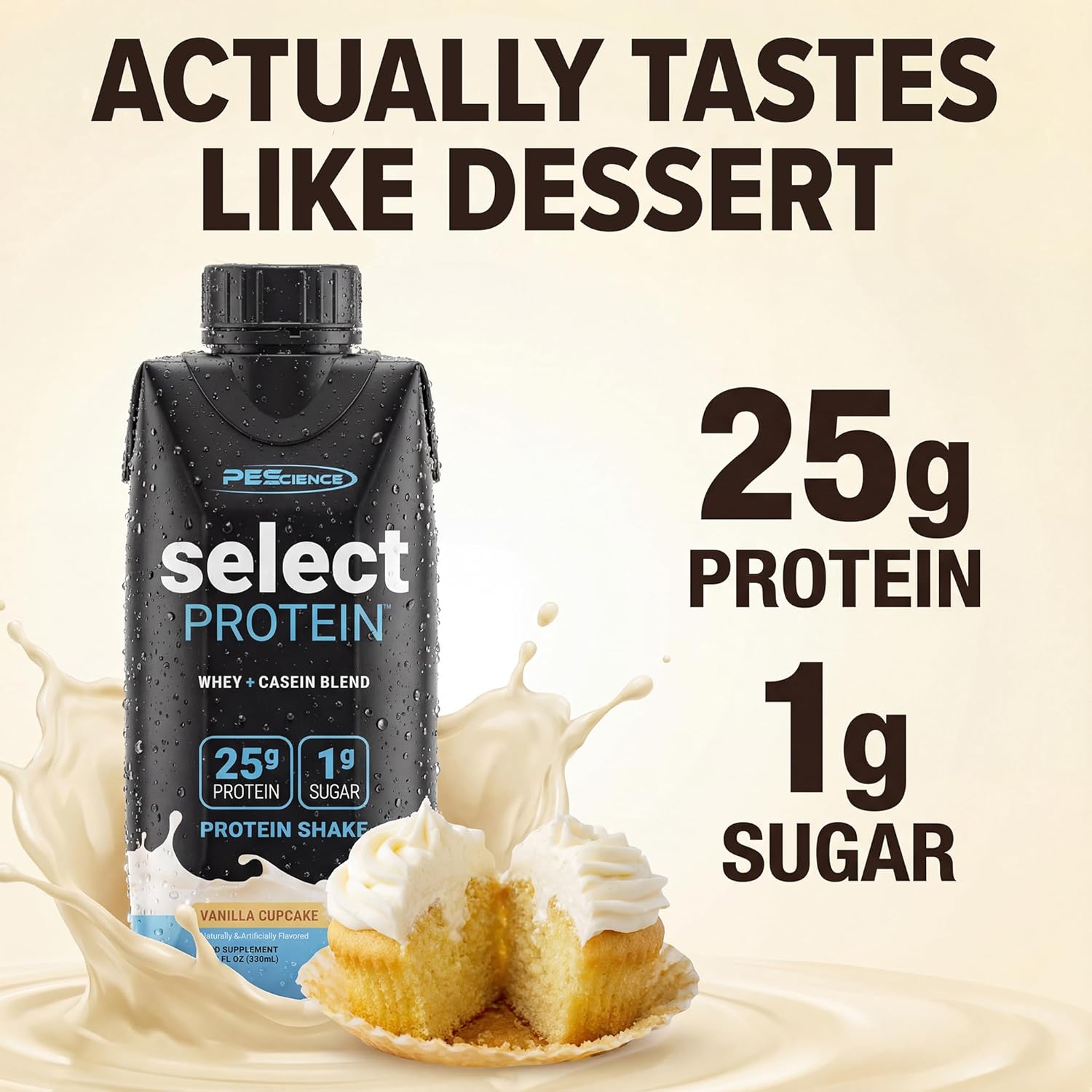 Alternative view of PEScience Select Protein Shake RTD, 25g Whey and Casein Blend, High Protein Drink, Gluten Free, Keto Friendly, 0g Sugar, Low Carb Ready to Drink Meal Replacement, Vanilla Cupcake - Pack of 4