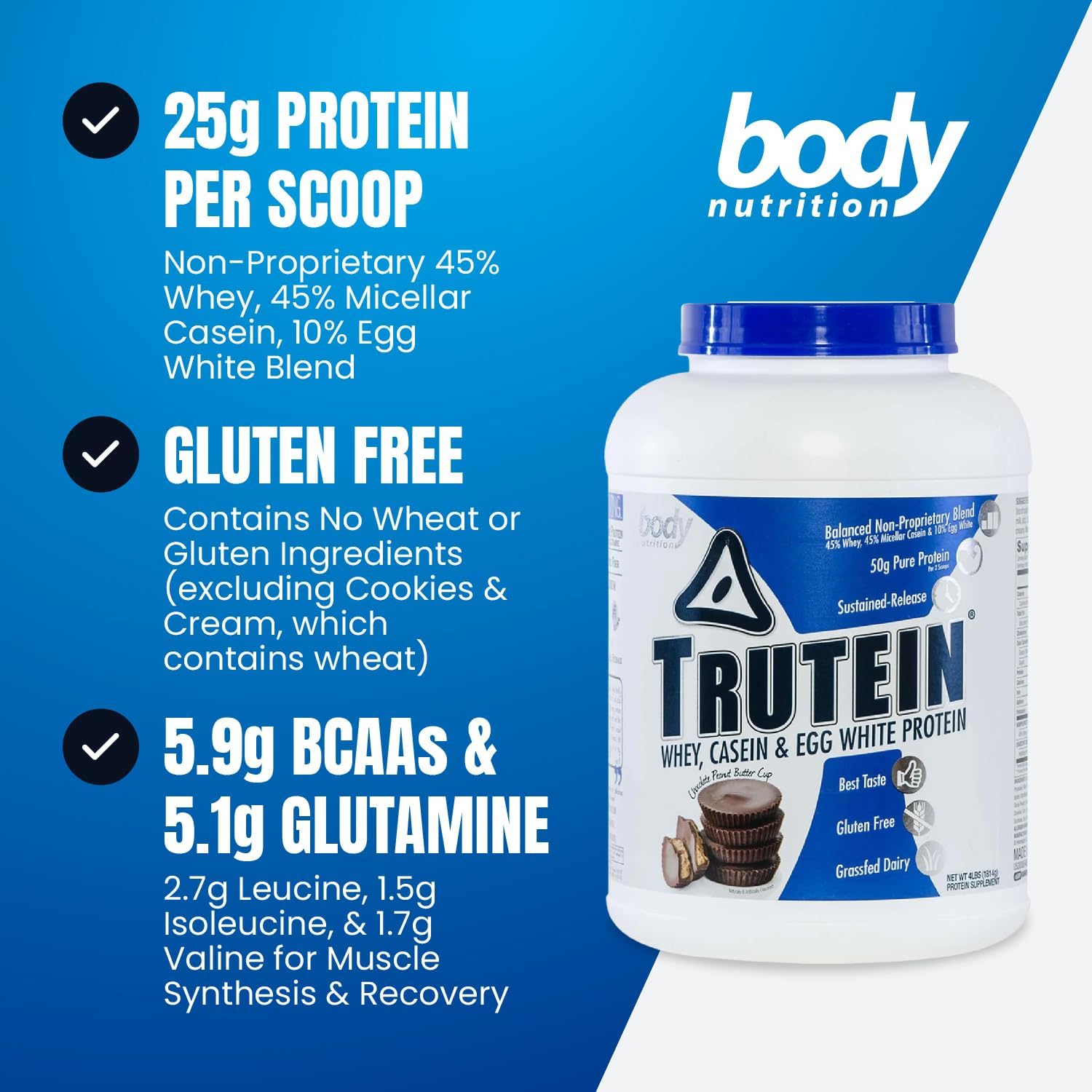 Alternative view of Body Nutrition Trutein High Protein Powder: 45% Whey, 45% Casein, 10% Egg White Protein Shake Mix, Gluten-Free, Low Sodium, Low Carb Protein Supplement for Men & Women, Chocolate Peanut Butter, 4lb
