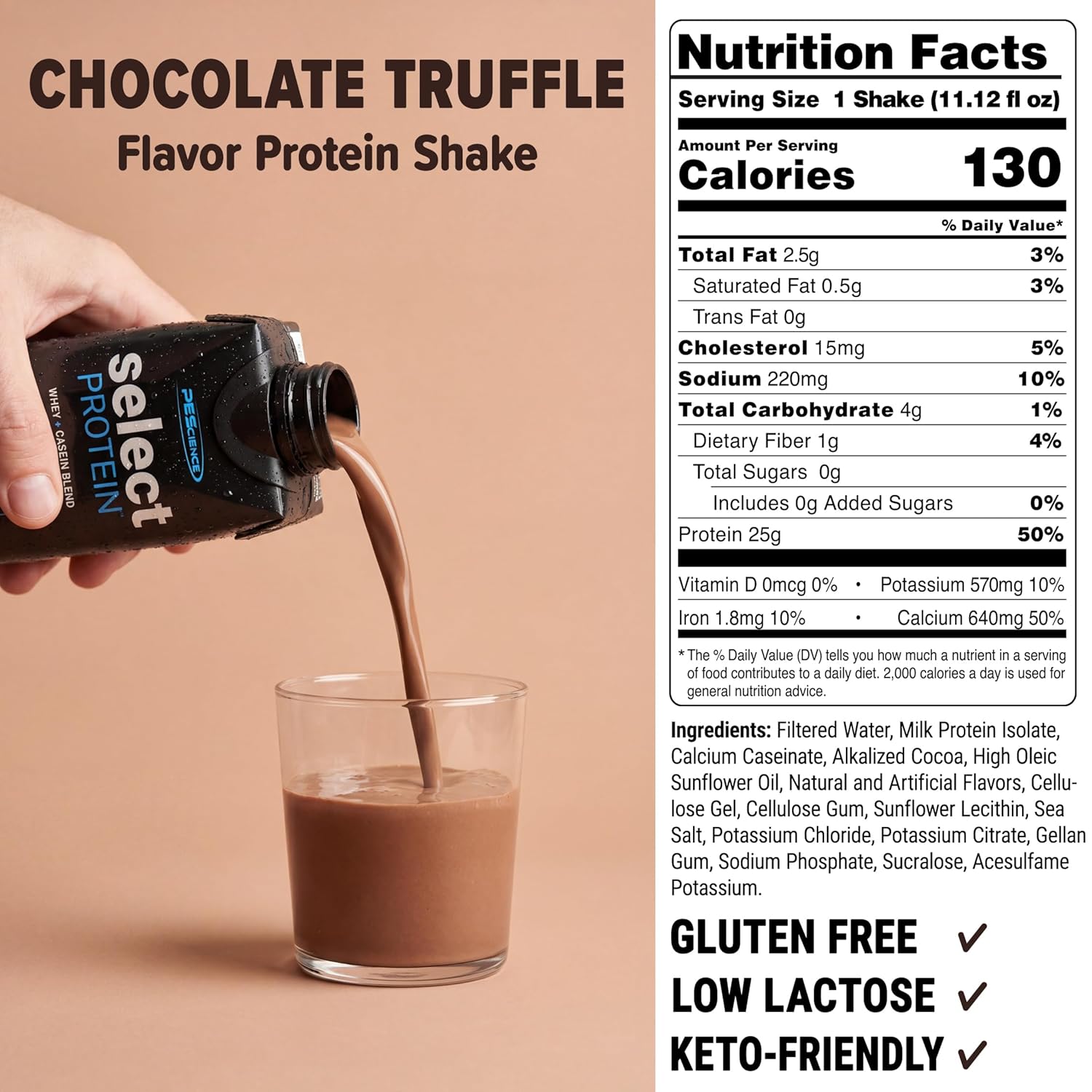 PEScience Select Protein Shake RTD, 25g Whey and Casein Blend, High Protein Drink, Gluten Free, Keto Friendly, 0g Sugar, Low Carb Ready to Drink Meal Replacement, Chocolate Truffle - Pack of 4