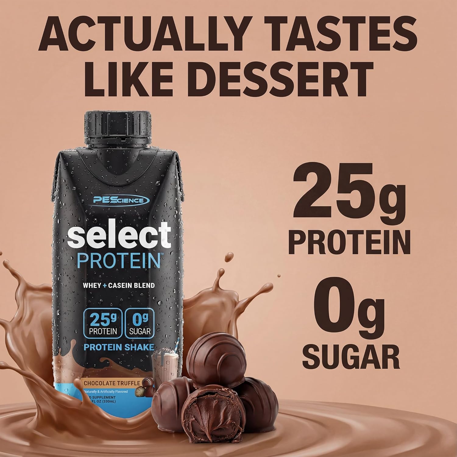 Alternative view of PEScience Select Protein Shake RTD, 25g Whey and Casein Blend, High Protein Drink, Gluten Free, Keto Friendly, 0g Sugar, Low Carb Ready to Drink Meal Replacement, Chocolate Truffle - Pack of 4