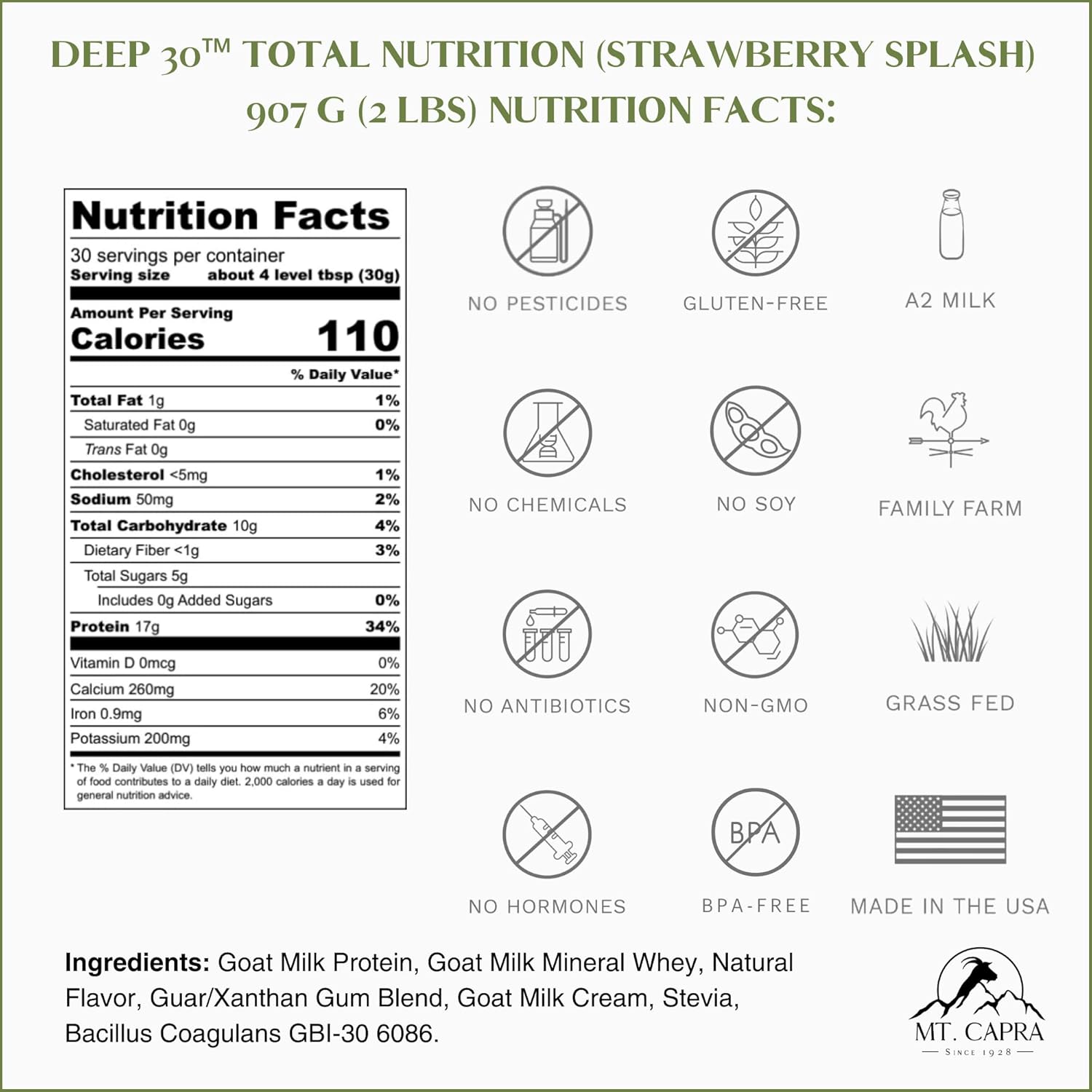 Mt. Capra Deep 30 | Meal Replacement Shake, Goat Protein Powder with Grass-Fed Whey Protein, Casein Protein, Minerals, and BC-30 Probiotics | Strawberry Splash | 30 Servings - 2 Pounds