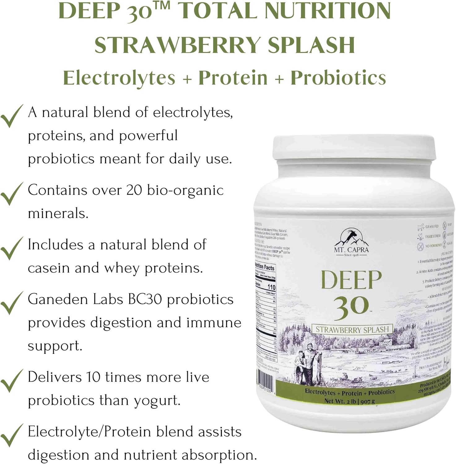 Alternative view of Mt. Capra Deep 30 | Meal Replacement Shake, Goat Protein Powder with Grass-Fed Whey Protein, Casein Protein, Minerals, and BC-30 Probiotics | Strawberry Splash | 30 Servings - 2 Pounds