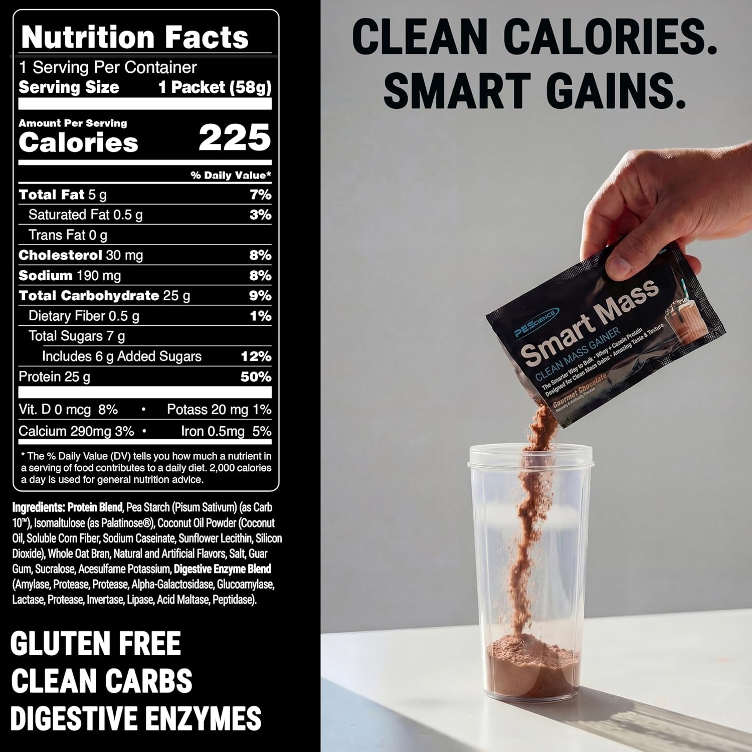 PEScience Smart Mass Gainer, Lean Muscle Weight Gainer, Whey Protein & Casein Protein Blend with Slow-Digesting Carbs, Maltodextrin-Free, 14 Packets - Gourmet Vanilla