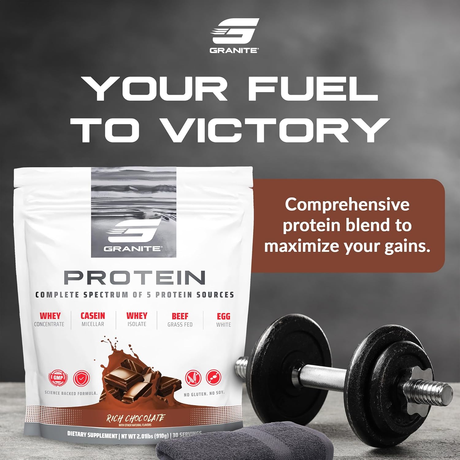 Granite Nutrition Protein Powder - Premium 5-Source Blend (Whey, Casein, Egg, Grass-Fed Beef) for Lean Muscle and Recovery - Rich Chocolate, 30 Servings