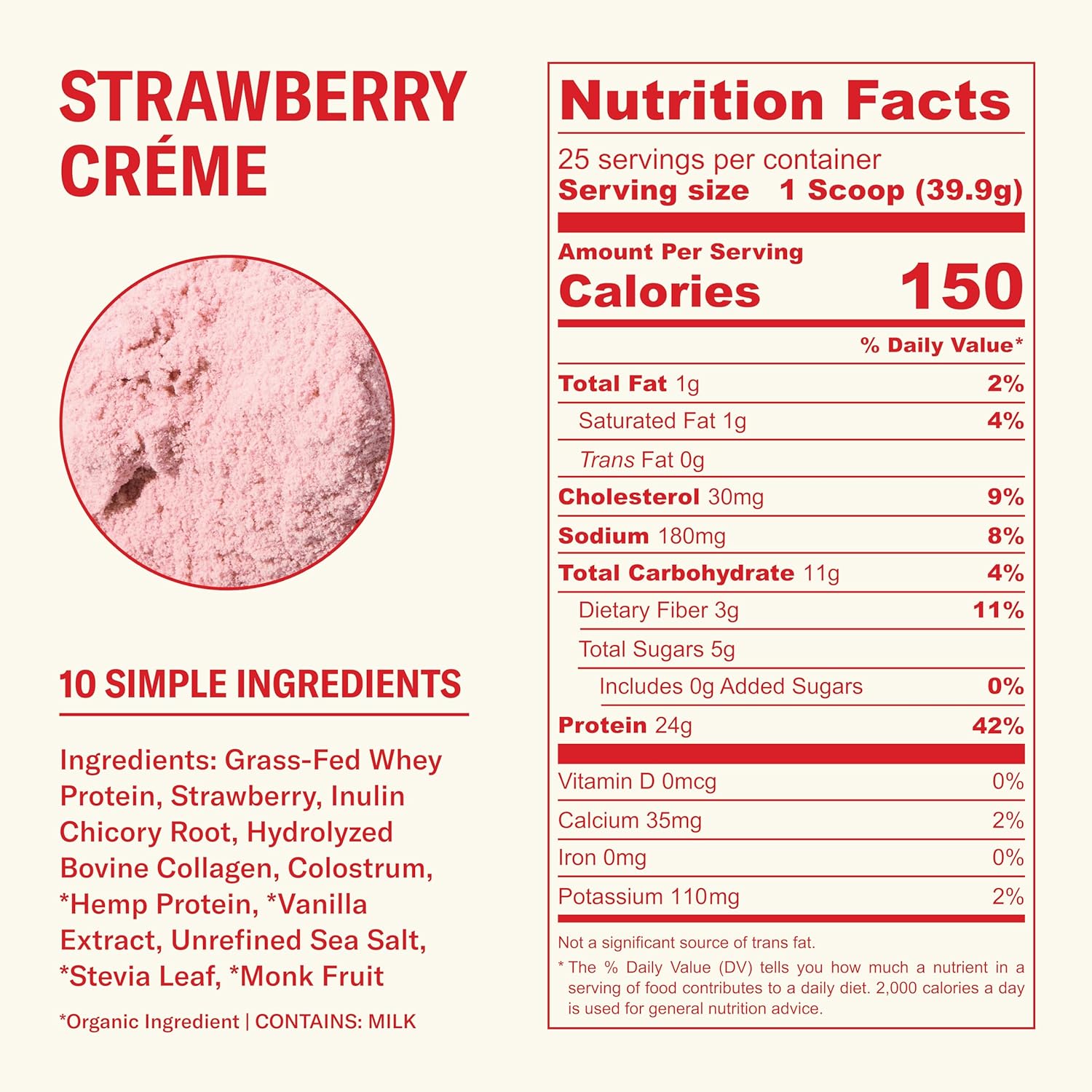 Ballerina Farm Grass Fed Whey Protein Powder Strawberry Crème, 24g Protein with Collagen Peptides, Bovine Colostrum, Hemp Hearts, Prebiotic Fiber, No Added Sugar or Artificial Ingredients, 20 Servings