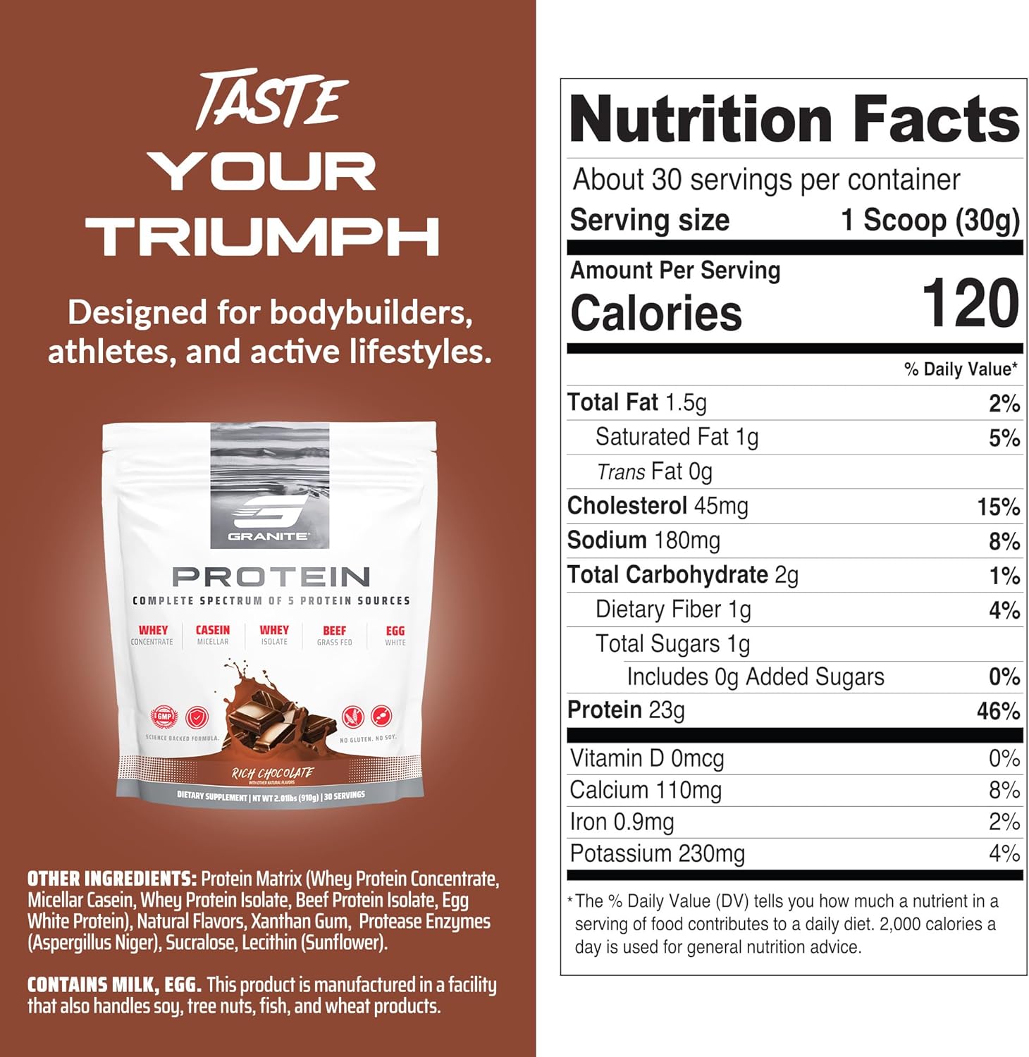 Alternative view of Granite Nutrition Protein Powder - Premium 5-Source Blend (Whey, Casein, Egg, Grass-Fed Beef) for Lean Muscle and Recovery - Rich Chocolate, 30 Servings