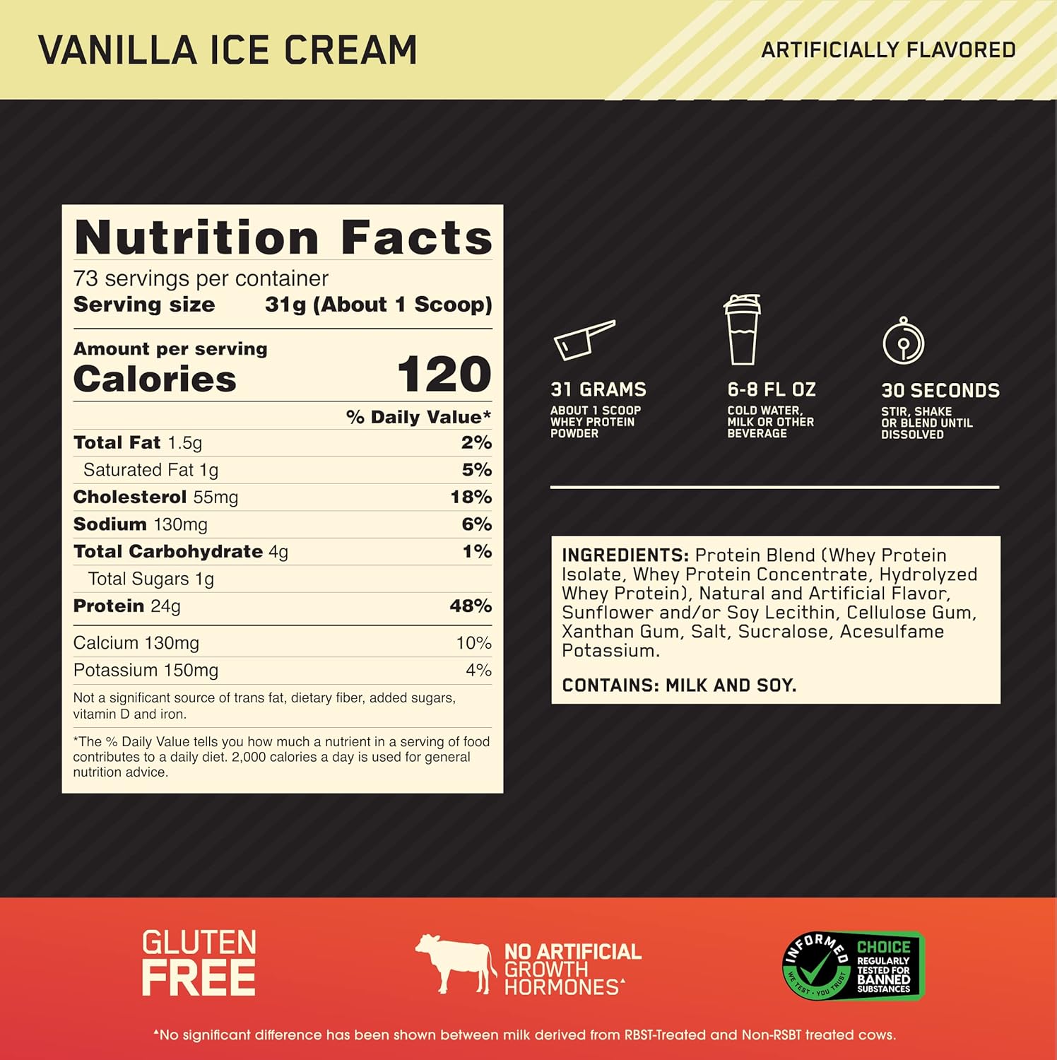 Alternative view of Optimum Nutrition Gold Standard 100% Whey Protein Powder, Vanilla Ice Cream, 5 Pound (Packaging May Vary)