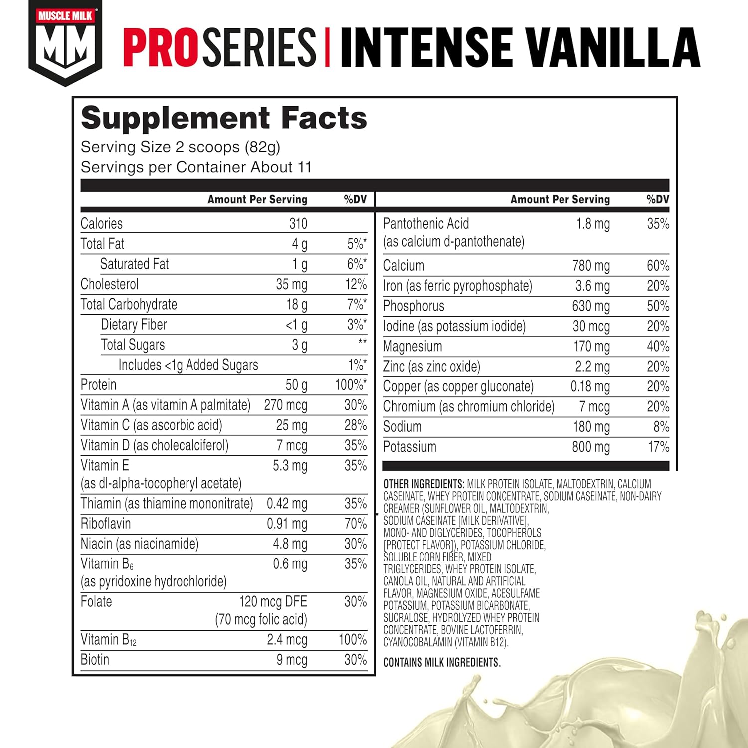 Muscle Milk Pro Series Protein Powder Supplement, Intense Vanilla, 2 Pound, 11 Servings, 50g Protein, 3g Sugar, 20 Vitamins & Minerals, NSF Certified for Sport, Workout Recovery, Packaging May Vary