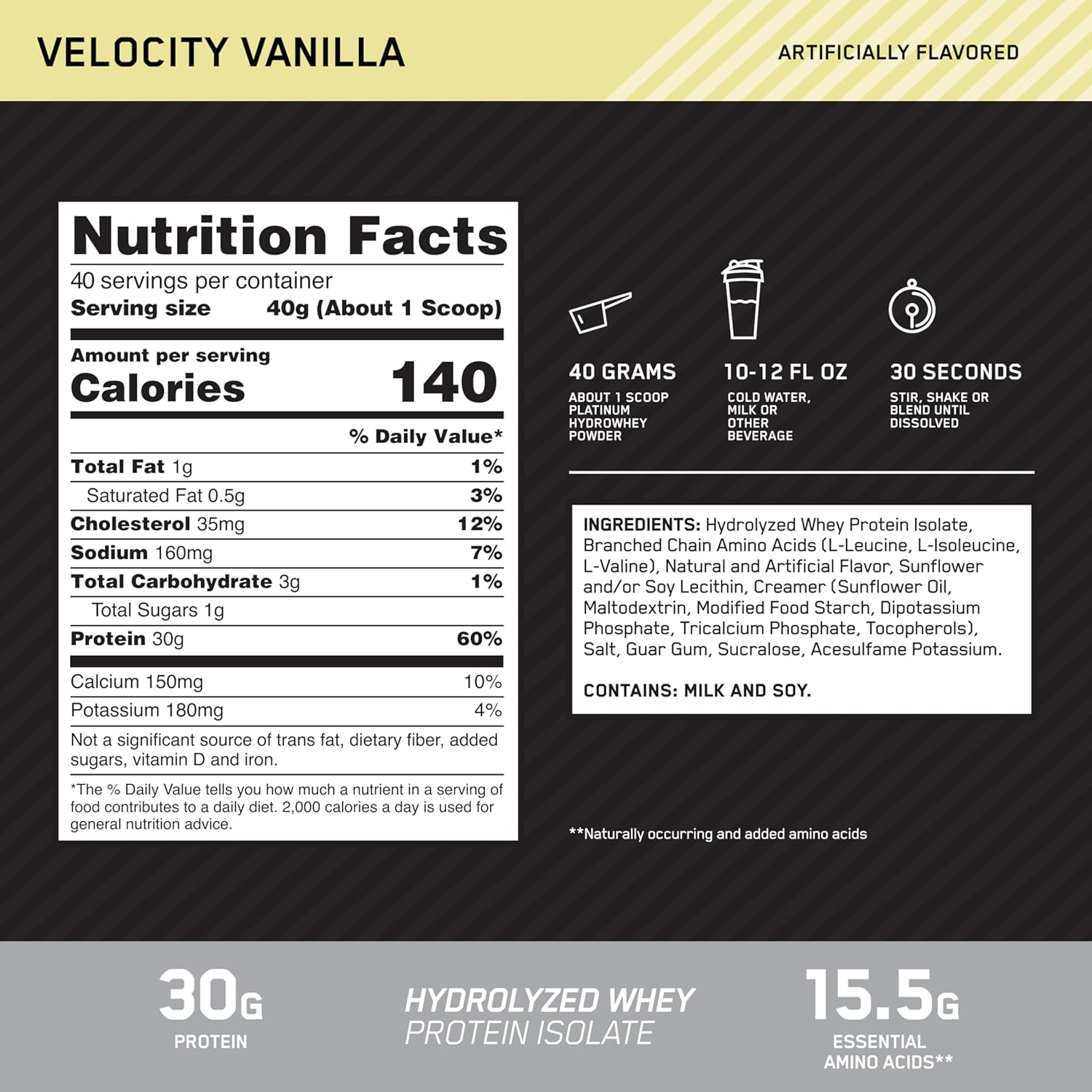 Alternative view of Optimum Nutrition Platinum Hydrowhey Protein Powder, 100% Hydrolyzed Whey Isolate Powder, Flavor: Velocity Vanilla, 3.5 Pounds (Packaging May Vary)