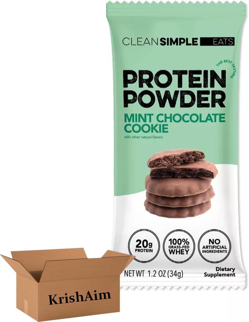 Clean Simple-Eats Protein Powder, Mint Chocolate Cookie Flavor, 20g Grass-Fed Whey Protein, 1.2 oz Single Serving Packet, No Artificial Sweeteners, Gluten Free, Soy Free (Pack of 4)