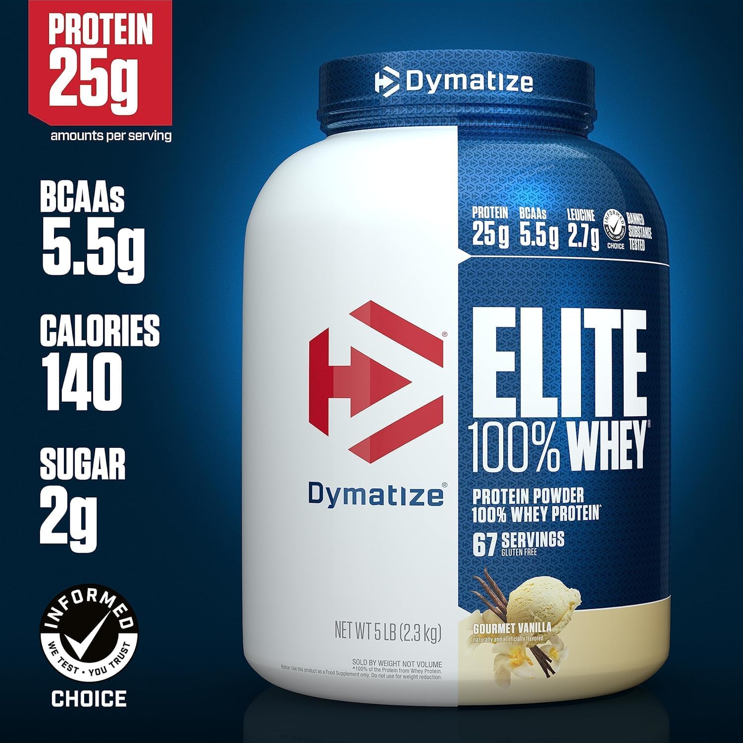 Dymatize Elite 100% Whey Protein Powder, Vanilla, 25g of Protein, 5.5g BCAAs, Less Than 140 Cal., Gluten Free, 2g Carb, 2g Sugar, 3g Fat (67 Servings)