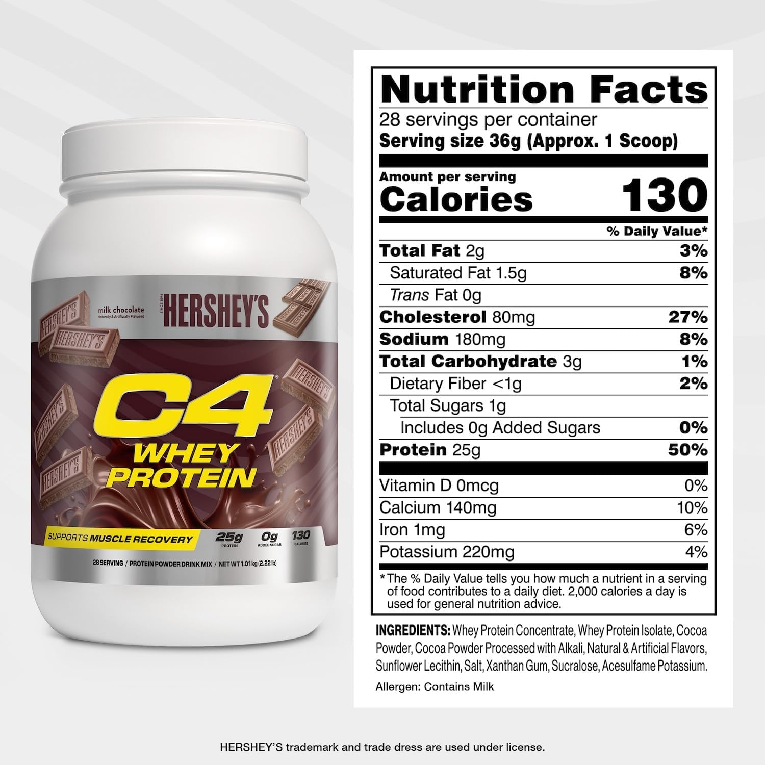 Cellucor C4 Whey Protein Powder, Hershey's Chocolate - 25g Protein, 0g Added Sugar, 130 Calories Per Serving, Supports Muscle Recovery, 28 Servings, Premium Whey for Post-Workout