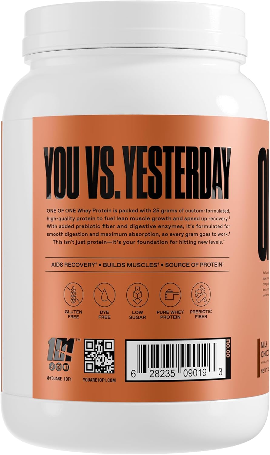 ONE OF ONE Whey Protein Powder u2013 25g Whey Protein Concentrate with Digestive Enzymes, Gluten Free, Low Carb, Post-Workout Recovery u2013 Milk Chocolate Flavor, 2lb