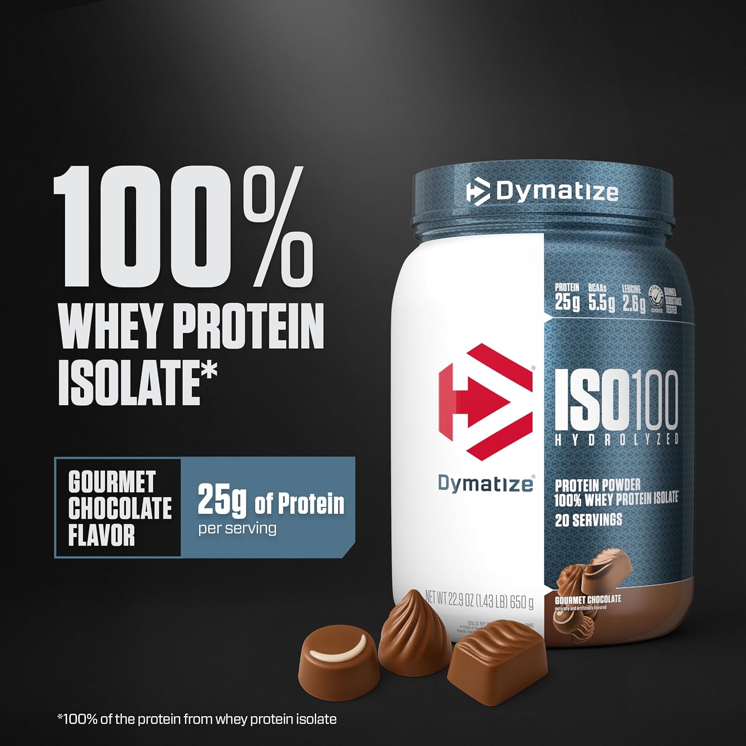 Dymatize ISO100 Whey Protein Powder Isolate, Gourmet Chocolate, 25g of Protein, 20 Servings, 5.5g BCAAs, Less Than 120 Cal., Gluten Free, 1g Fat, 1g Sugar, 2g Carb