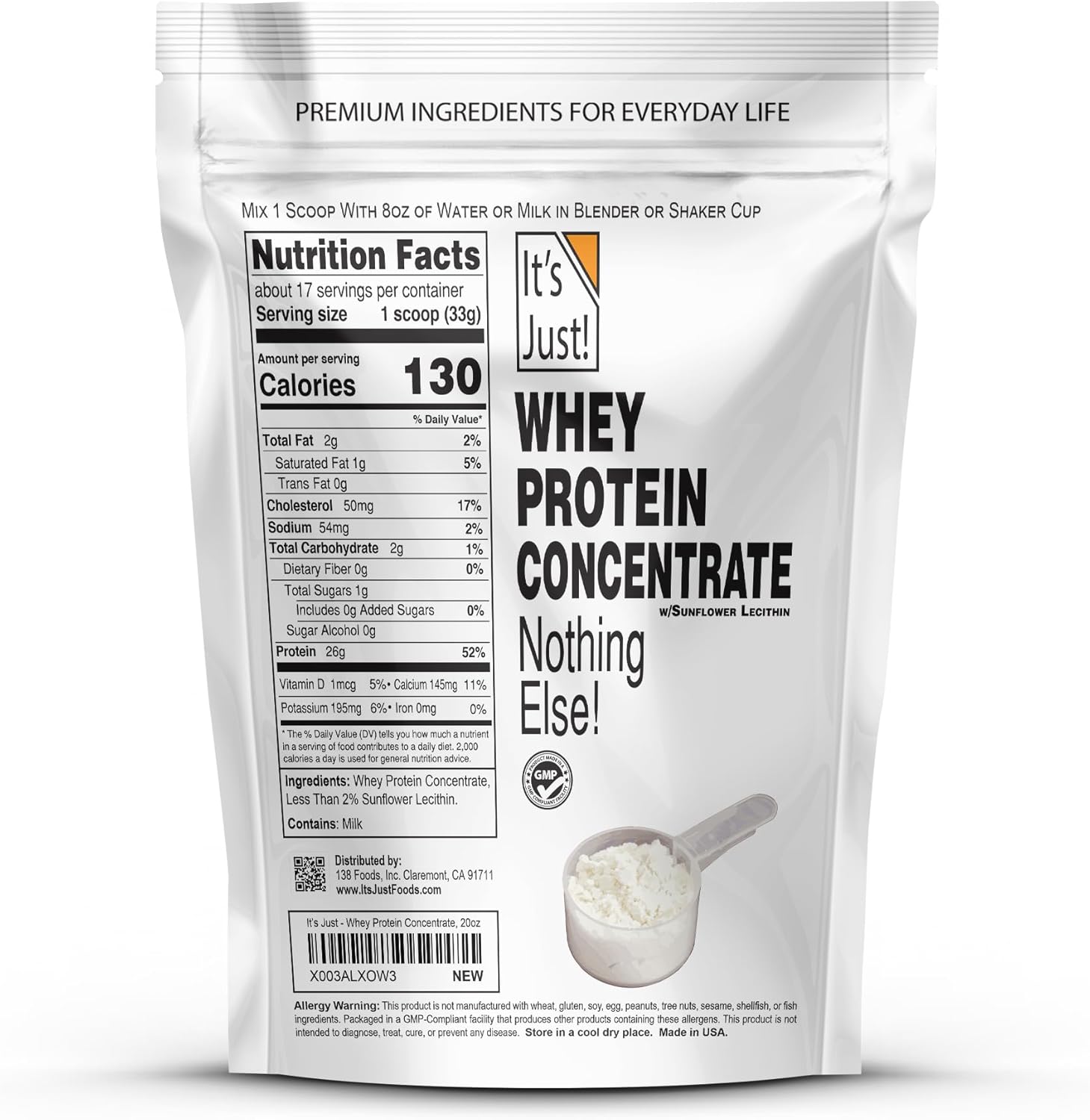 It's Just! - 100% Whey Protein Concentrate, Made in USA, No RBST/rBGH Hormones, Premium WPC-80, No Added Flavors or Artificial Sweeteners (1.25 Pound, Unflavored)