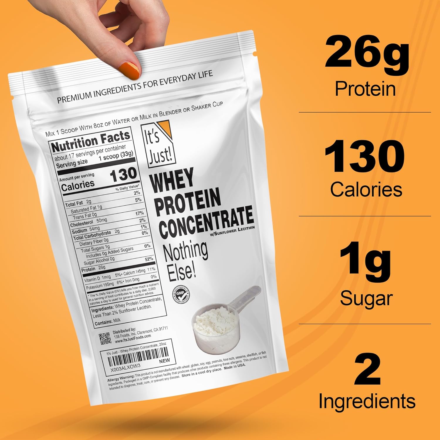Alternative view of It's Just! - 100% Whey Protein Concentrate, Made in USA, No RBST/rBGH Hormones, Premium WPC-80, No Added Flavors or Artificial Sweeteners (1.25 Pound, Unflavored)