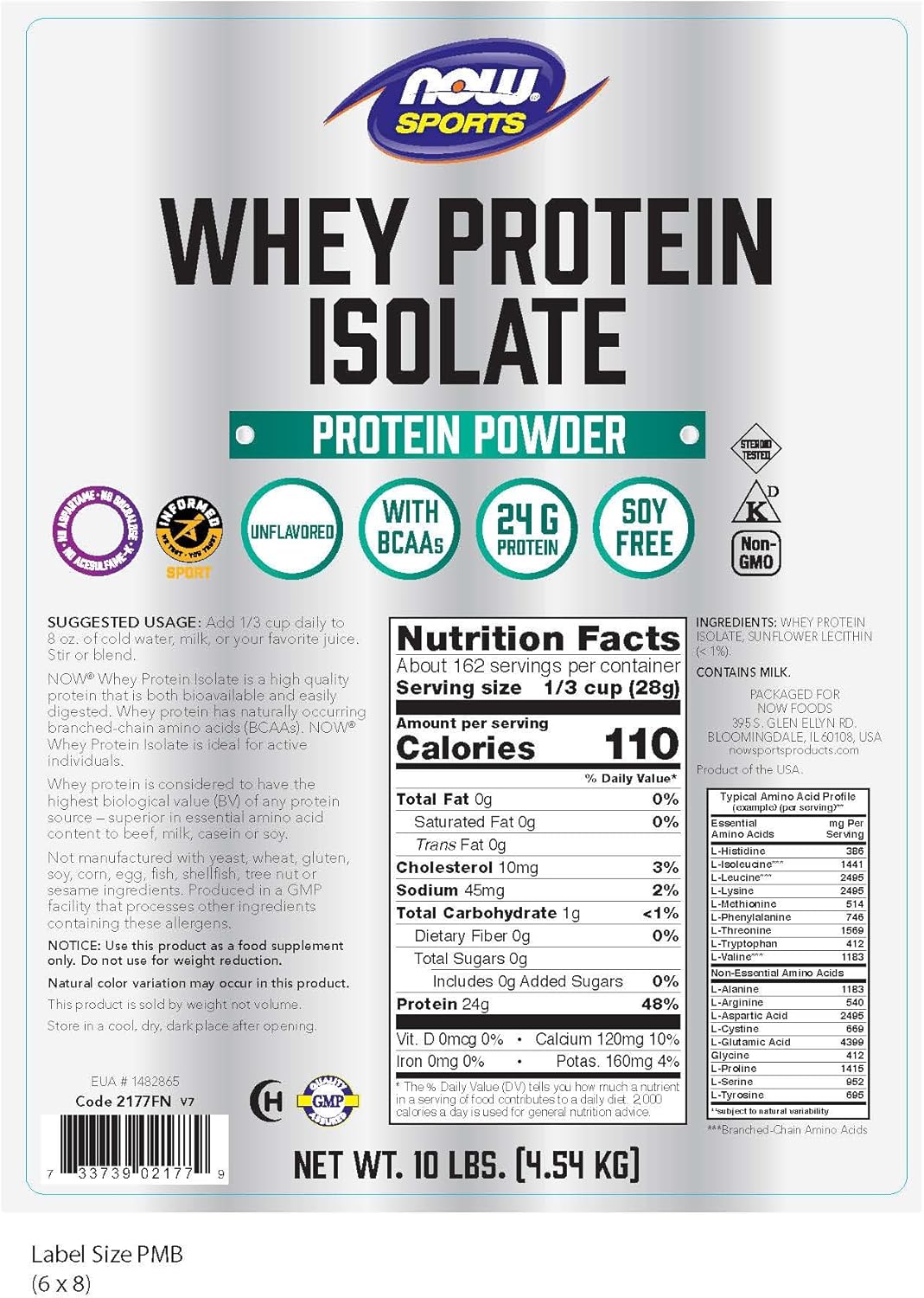 NOW Foods Sports Nutrition, Whey Protein Isolate, 25 g With BCAAs, Unflavored Powder, 10-Pound