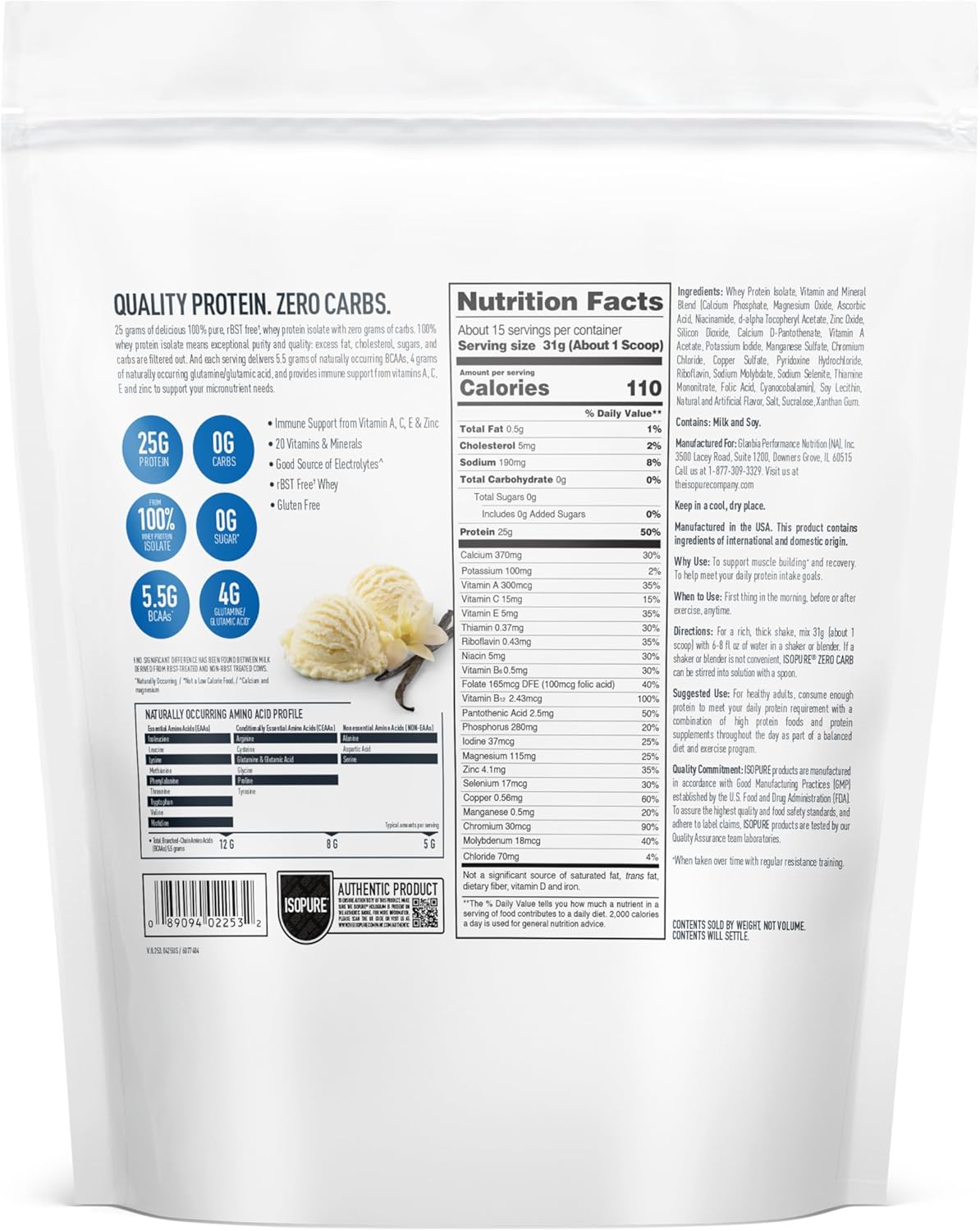 Isopure Zero Carb 100% Pure Whey Isolate Protein Powder, Lactose Free, Gluten Free, with Vitamins, Creamy Vanilla, 25g Protein Per Serving, 1 Lb, 15 Servings (Packaging May Vary)