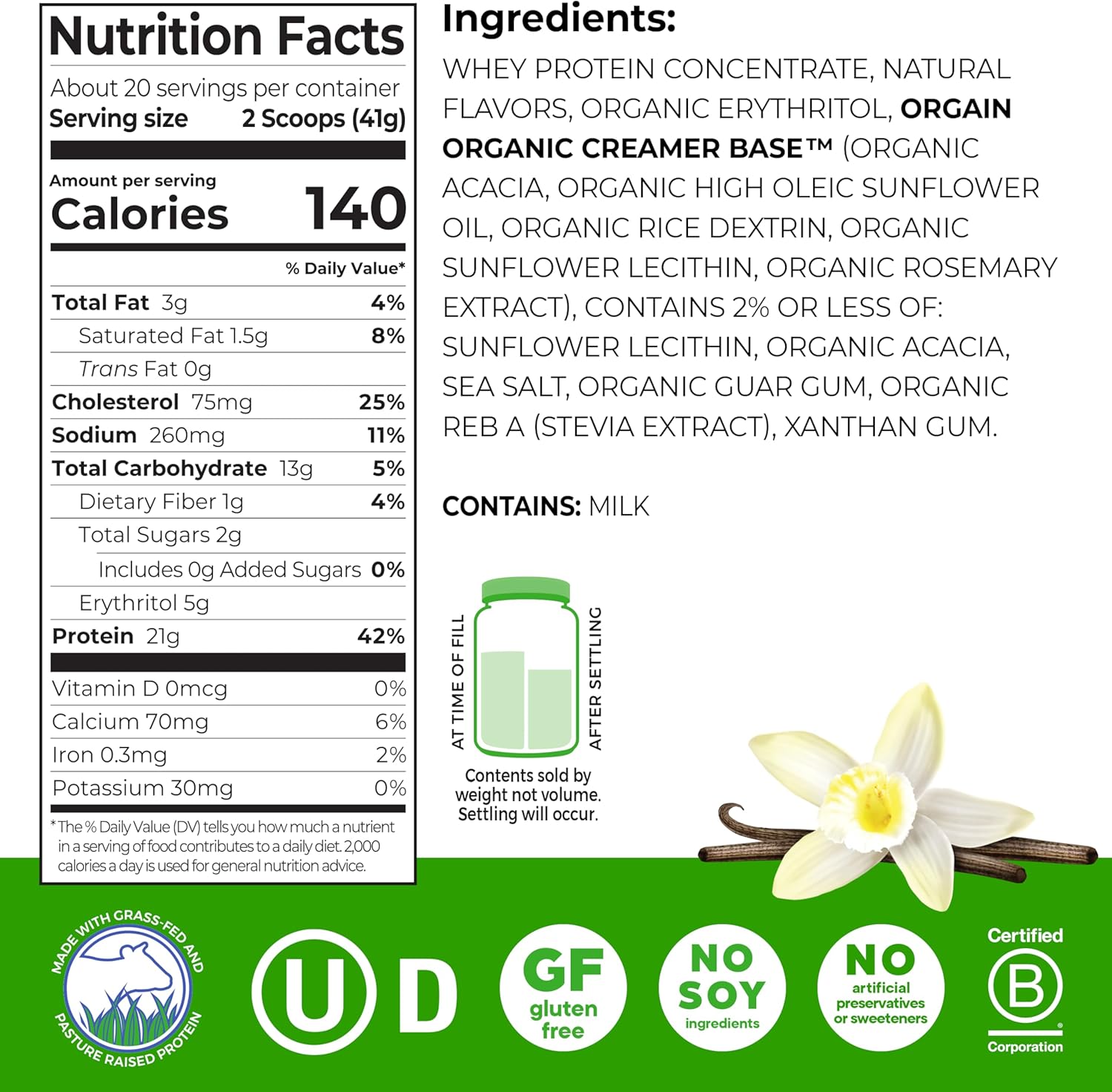 Orgain Whey Protein Powder, Vanilla Bean, 21g Grass Fed Dairy Protein, 5g BCAAs, 3g Prebiotic Fiber, No Sugar Added, No Added Hormones, Gluten Free, Kosher, for Shakes & Smoothies, 1.82 lb