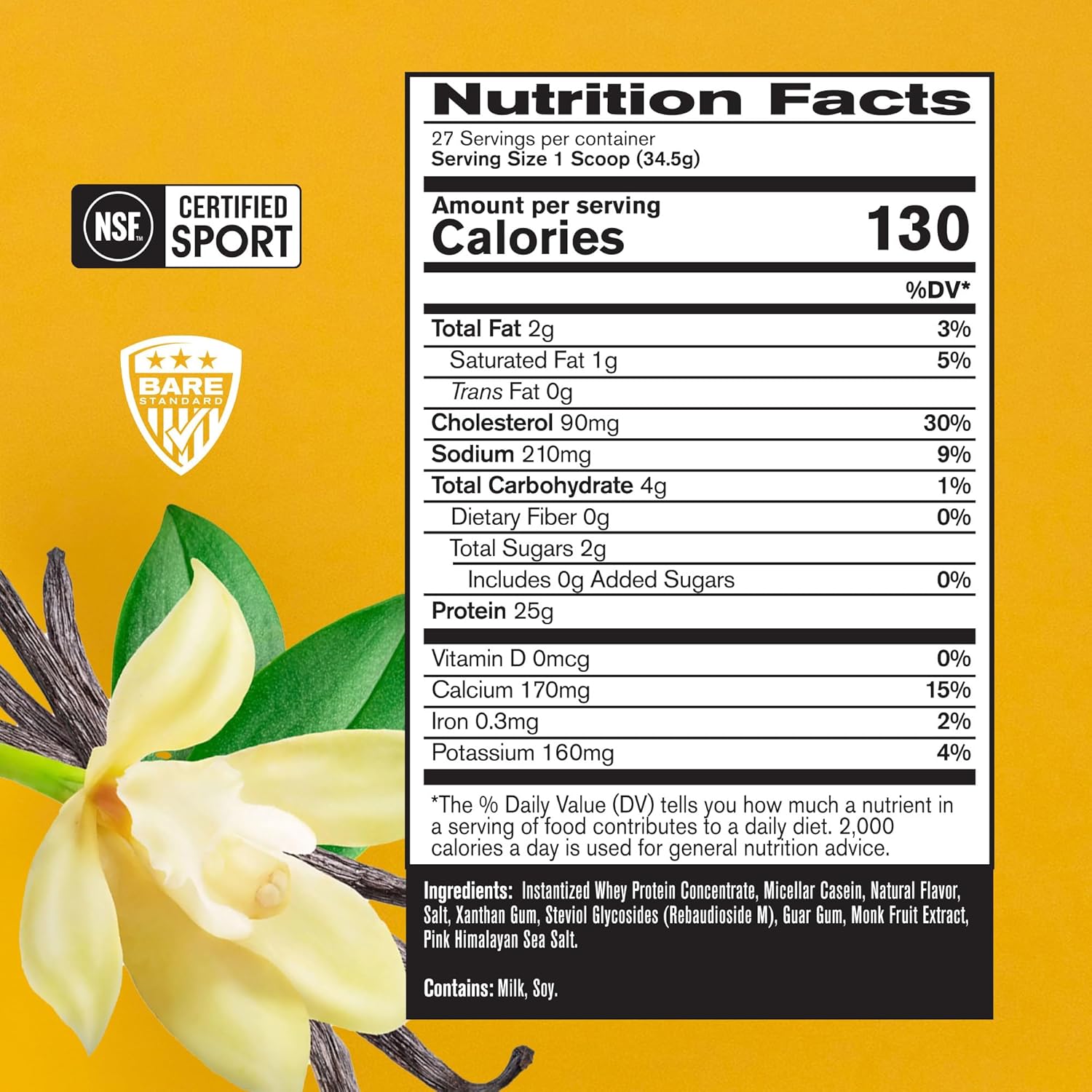 BARE PERFORMANCE NUTRITION, BPN Whey Protein + Casein Protein Powder Blend, Vanilla, 25g Protein per Serving Supports Lean Muscle Recovery, 27 Servings, Third Party Tested