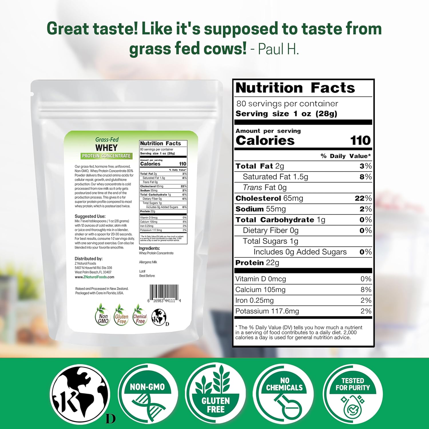 Z Natural Foods Grass-Fed Whey Protein Concentrate - Clean Whey Protein Powder from New Zealand - Cold Processed Pure Whey Protein with Essential Amino Acids for Nutrition & Fitness, Unflavored, 5 lbs