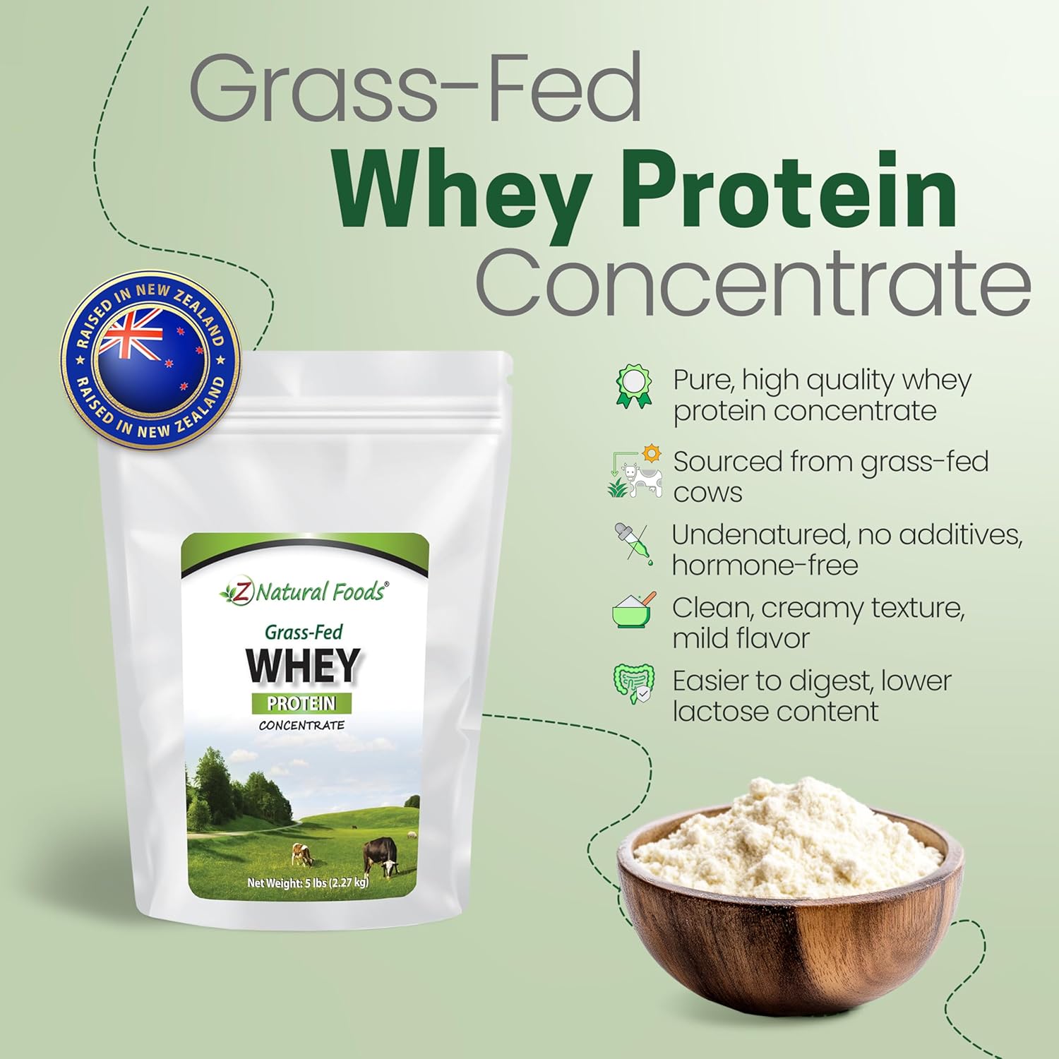 Alternative view of Z Natural Foods Grass-Fed Whey Protein Concentrate - Clean Whey Protein Powder from New Zealand - Cold Processed Pure Whey Protein with Essential Amino Acids for Nutrition & Fitness, Unflavored, 5 lbs