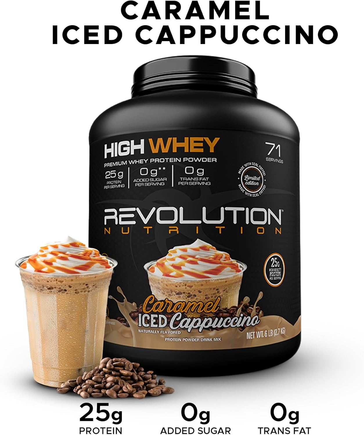 Revolution Nutrition, High Whey, Protein Powder 6LB, Whey Isolate, Gluten Free, Lean Muscle Mass for Men & Women, 25g of Protein Per Scoop, 2.7kg, 73 Servings (Caramel Iced Cappuccino, 6 Pound)