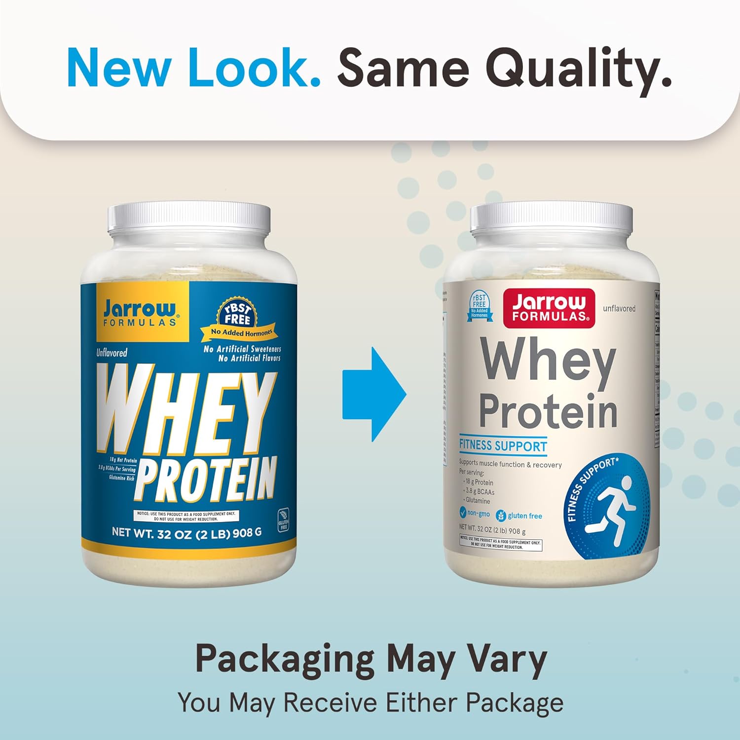 Jarrow Formulas Whey Protein with 18 g of Protein, 3.8 g of BCAAs, and Glutamine, Dietary Supplement for Muscle Function and Recovery Support, 32 oz Unflavored Powder, Approximately 38 Day Supply