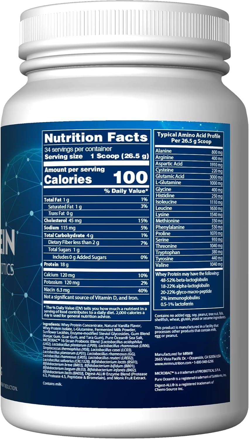 MRM Nutrition Whey Protein | Vanilla Flavored |18g Protein | with 2 Billion probiotics + Digestive enzymes + BCAAs | High Absorption + Digestion | Hormone + antibiotic Free | 33 Servings