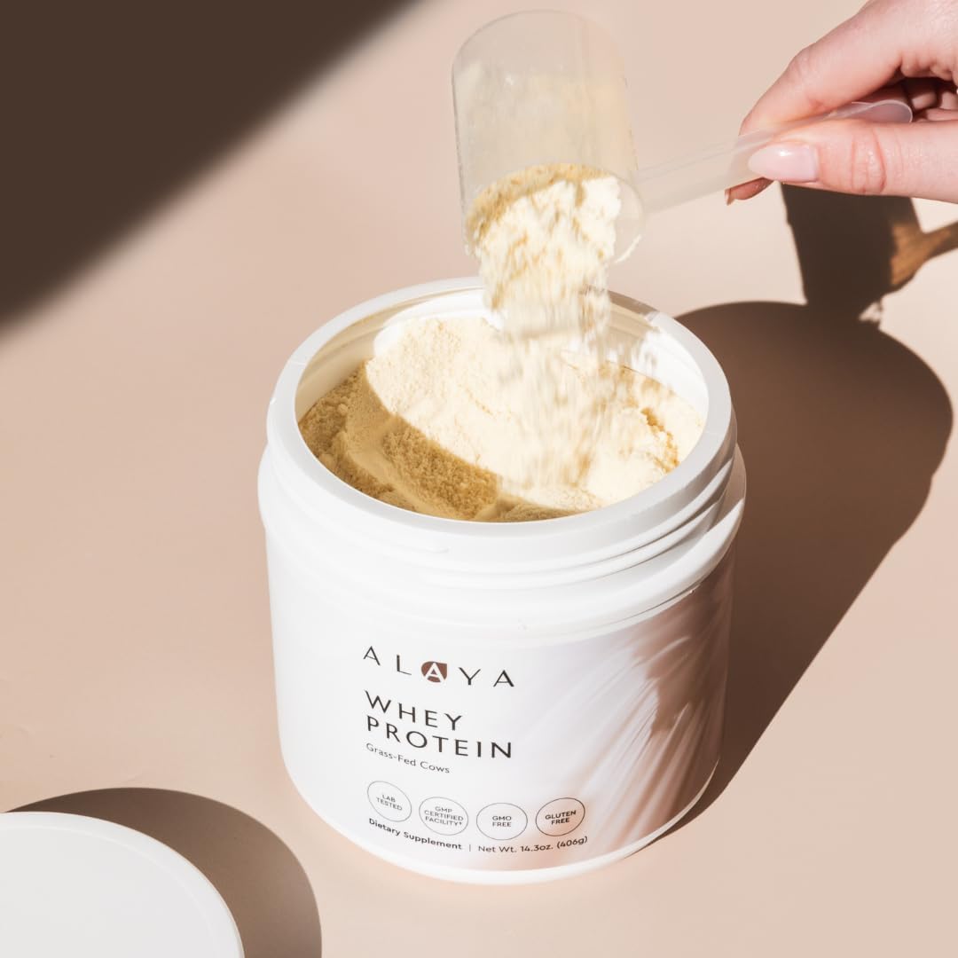 Alaya Naturals - Grass Fed Whey Protein Powder - Vanilla Flavor, All Natural, Hormone Free - 20g Protein per Serving - Non-GMO, rBGH Free, Gluten Free - Great Source of BCAA