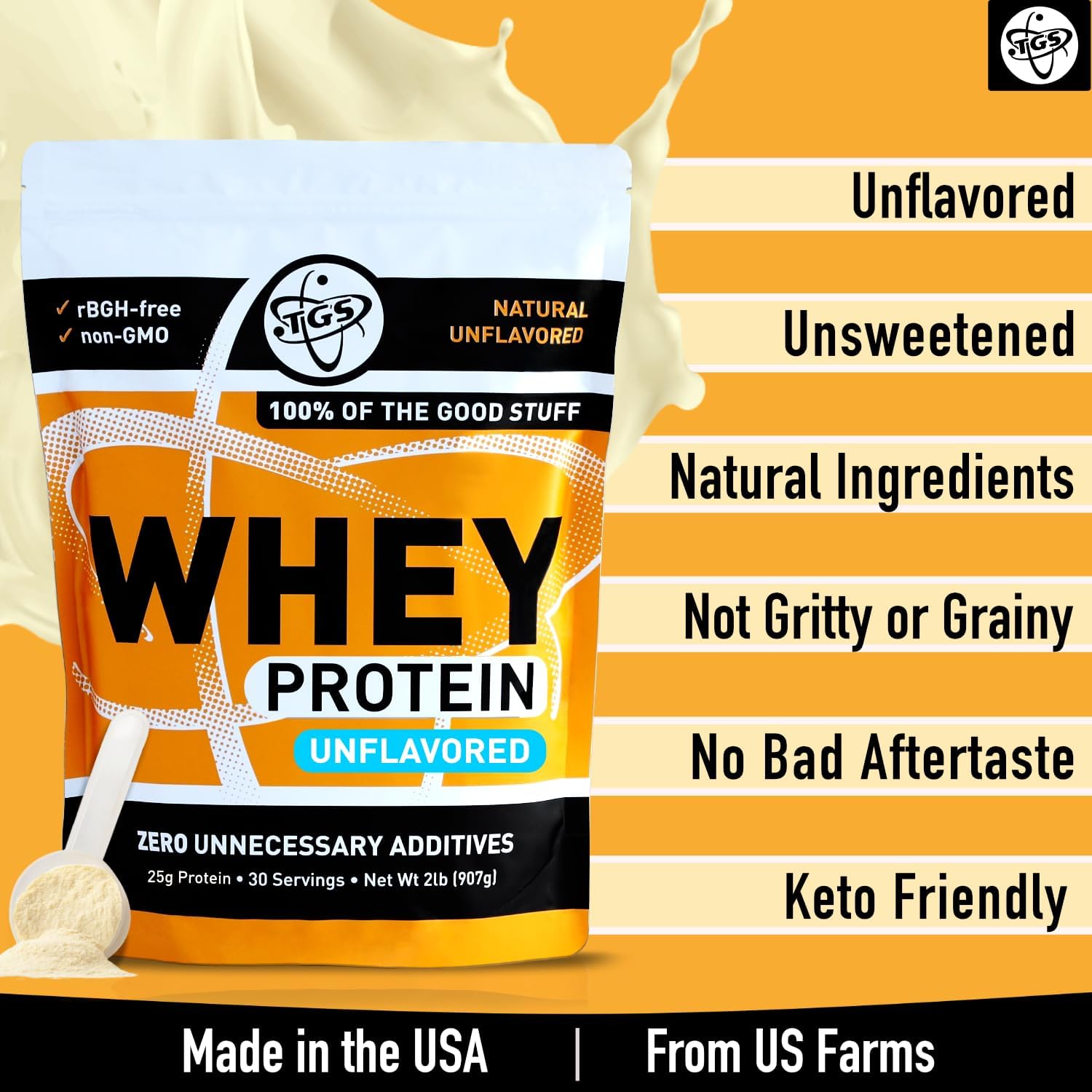 Alternative view of TGS Nutrition Whey Protein Powder Unflavored, Unsweetened - No Artificial Ingredients for Men & Women - 2lb Soy-Free, No Gluten, Keto Friendly - Post Workout Muscle Recovery