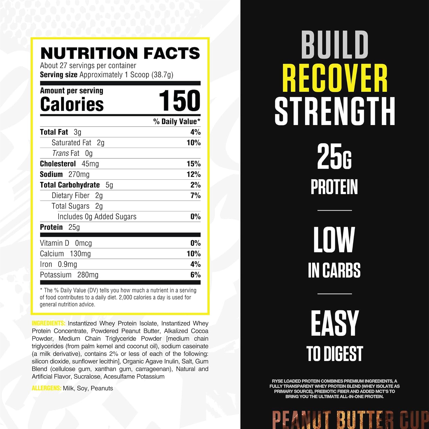 RYSE Loaded Protein Powder - Peanut Butter Cup - 25g Whey Protein Isolate & Concentrate with Prebiotic Fiber & MCTs - Low Carb, Low Sugar, Digestive-Friendly - 27 Servings / 2 lb Tub