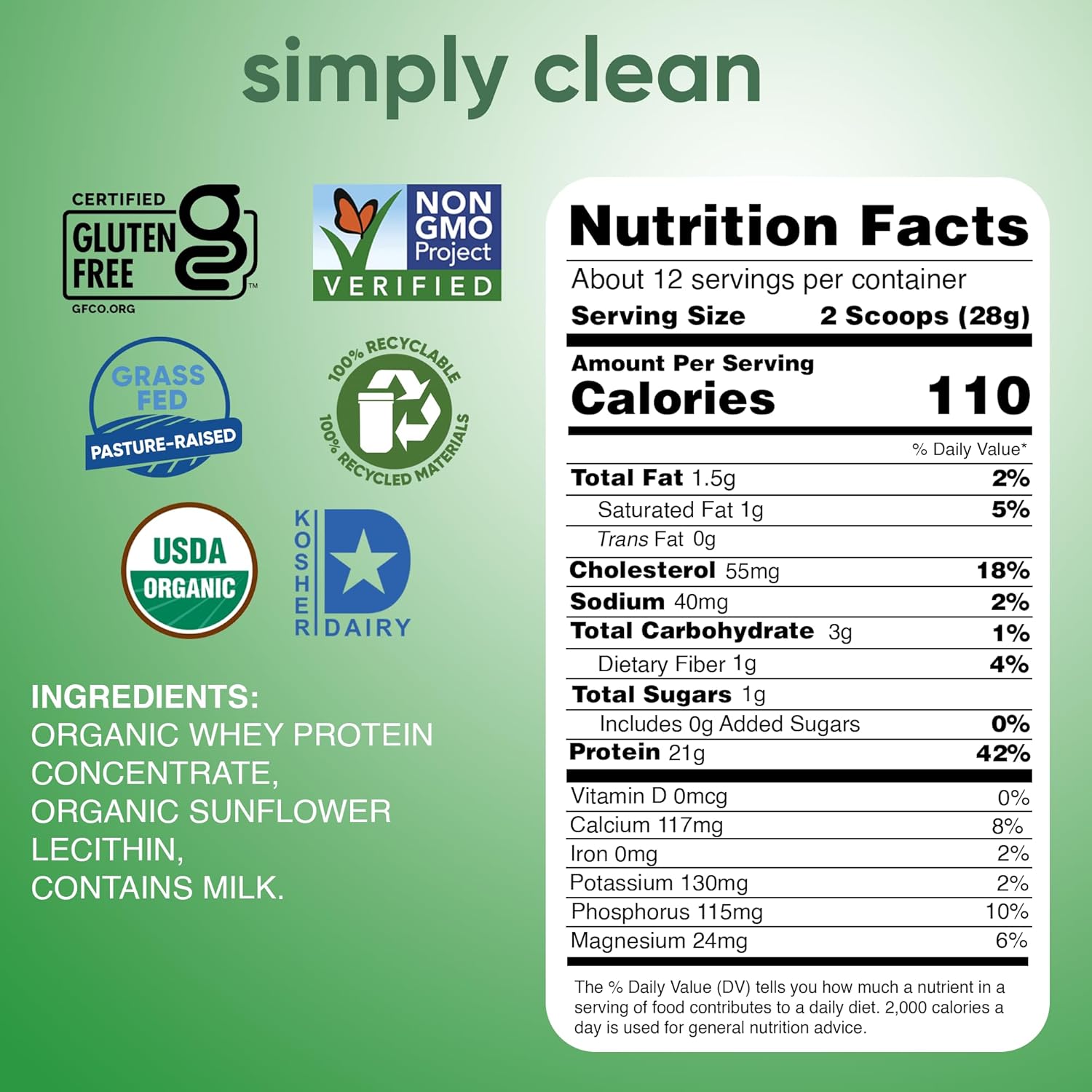 simply tera's Organic Whey Protein Powder - Grass Fed Whey Protein Powder Without Artificial Sweeteners, Unflavored, Non-GMO, Kosher, Gluten-Free - Plain Unsweetened 12 Oz.