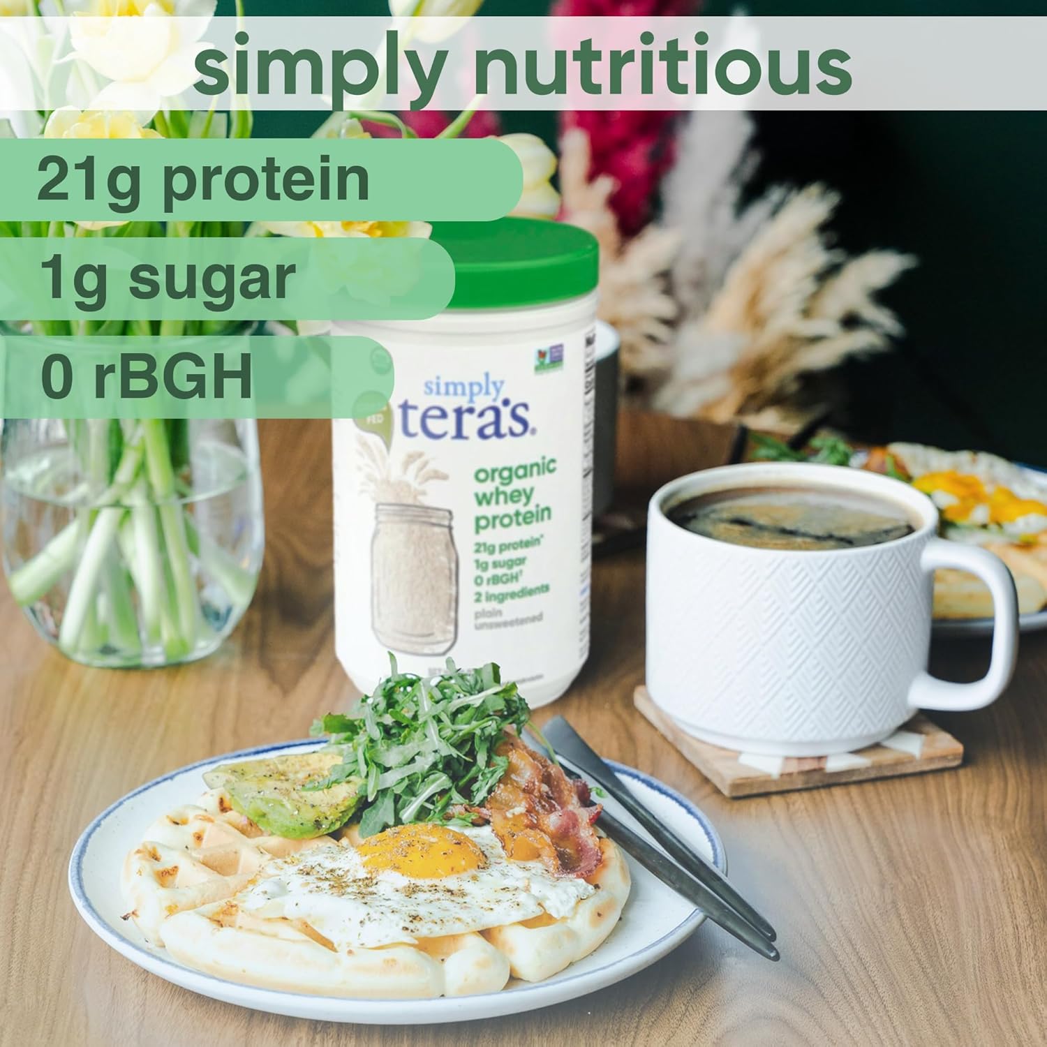 Alternative view of simply tera's Organic Whey Protein Powder - Grass Fed Whey Protein Powder Without Artificial Sweeteners, Unflavored, Non-GMO, Kosher, Gluten-Free - Plain Unsweetened 12 Oz.