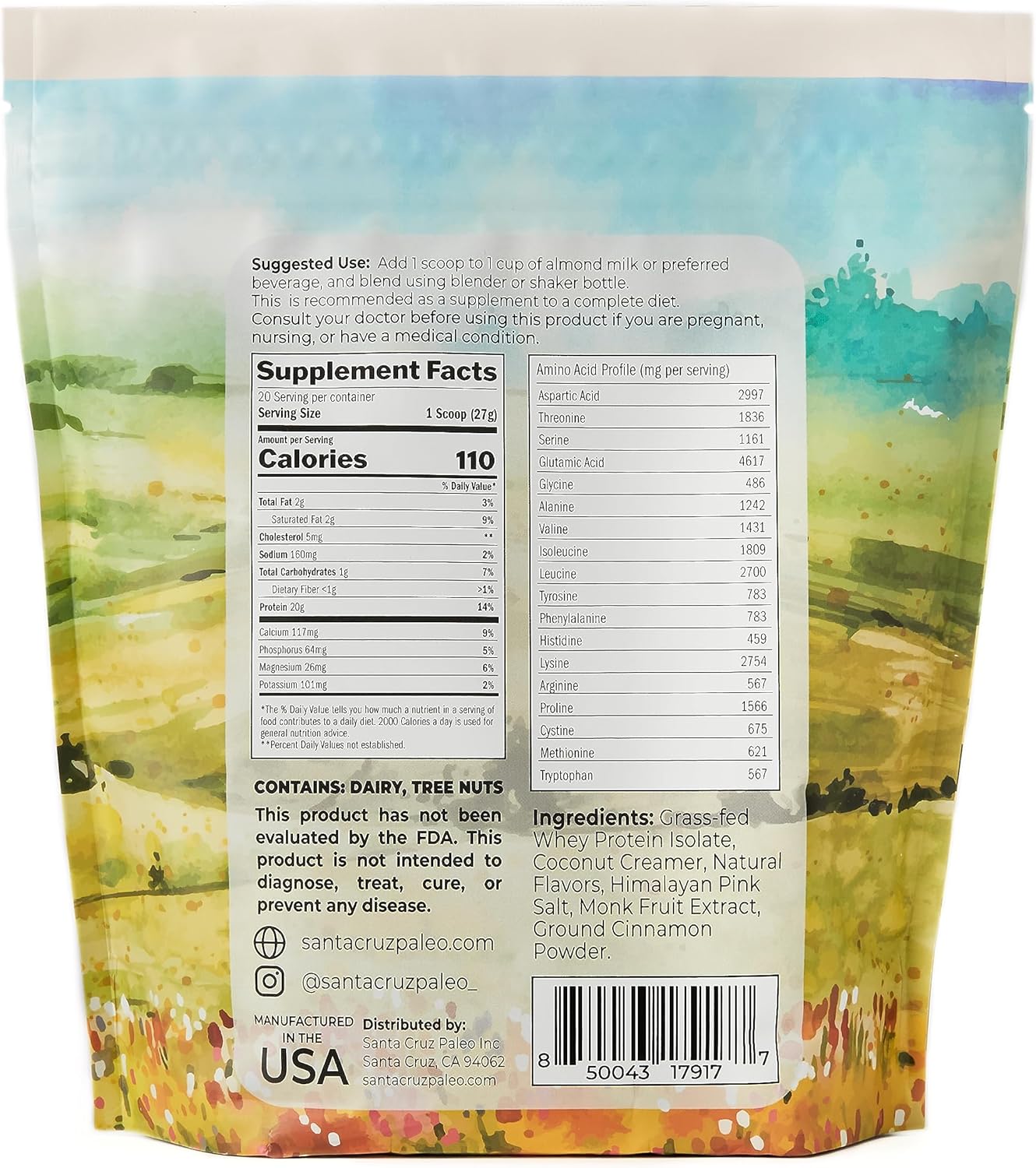 Santa Cruz Paleo Whey Protein Powder, Vanilla Flavor, 20 G Grass Fed Whey Protein Isolate Per Serving, Gluten Free, Paleo & Keto Friendly, No Sugar Added, Protein Shake Mix, 20 Servings, 1.2 lb Bag