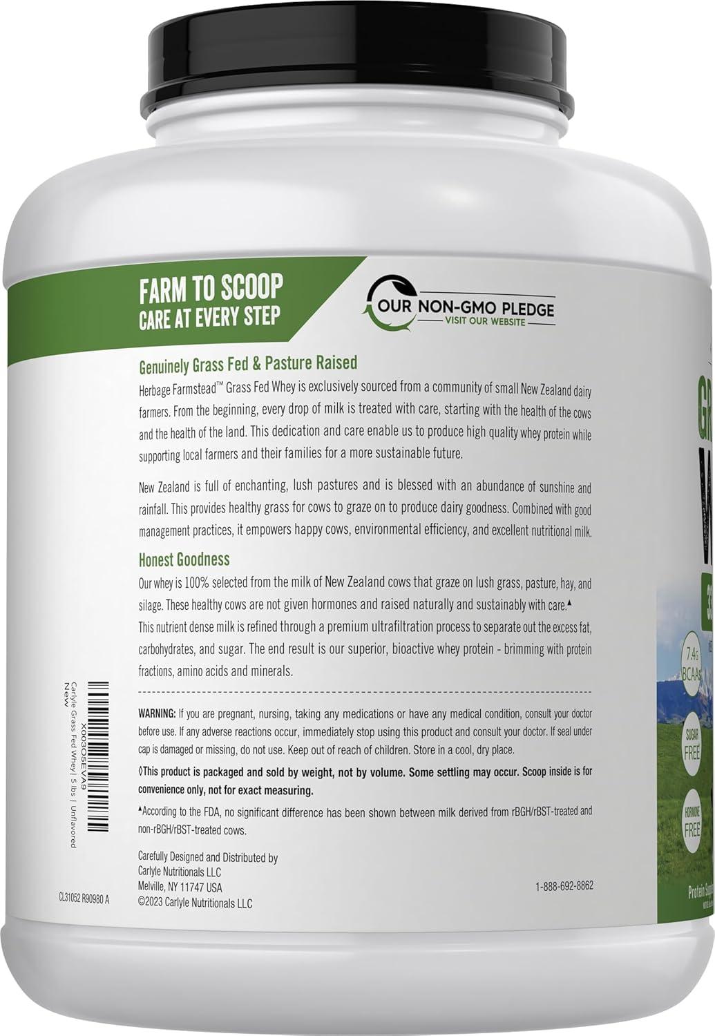 Alternative view of Carlyle Grass Fed Whey Protein Powder | 5lb (80 oz) | 33g of Protein Per Serving | Unflavored | Sugar and Hormone Free | Non-GMO and Gluten Free Supplement | by Herbage Farmstead