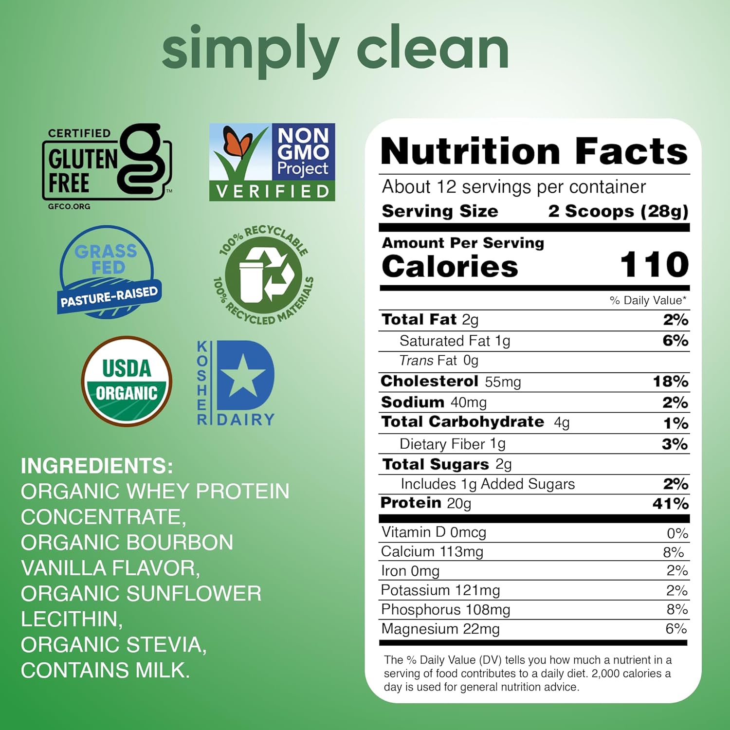 simply tera's Organic Whey Protein Powder - Grass Fed Vanilla Whey Protein Powder, Clean, Made Without Artificial Sweeteners, Non-GMO, Kosher, rBGH-Free, Organic - 12 Oz.