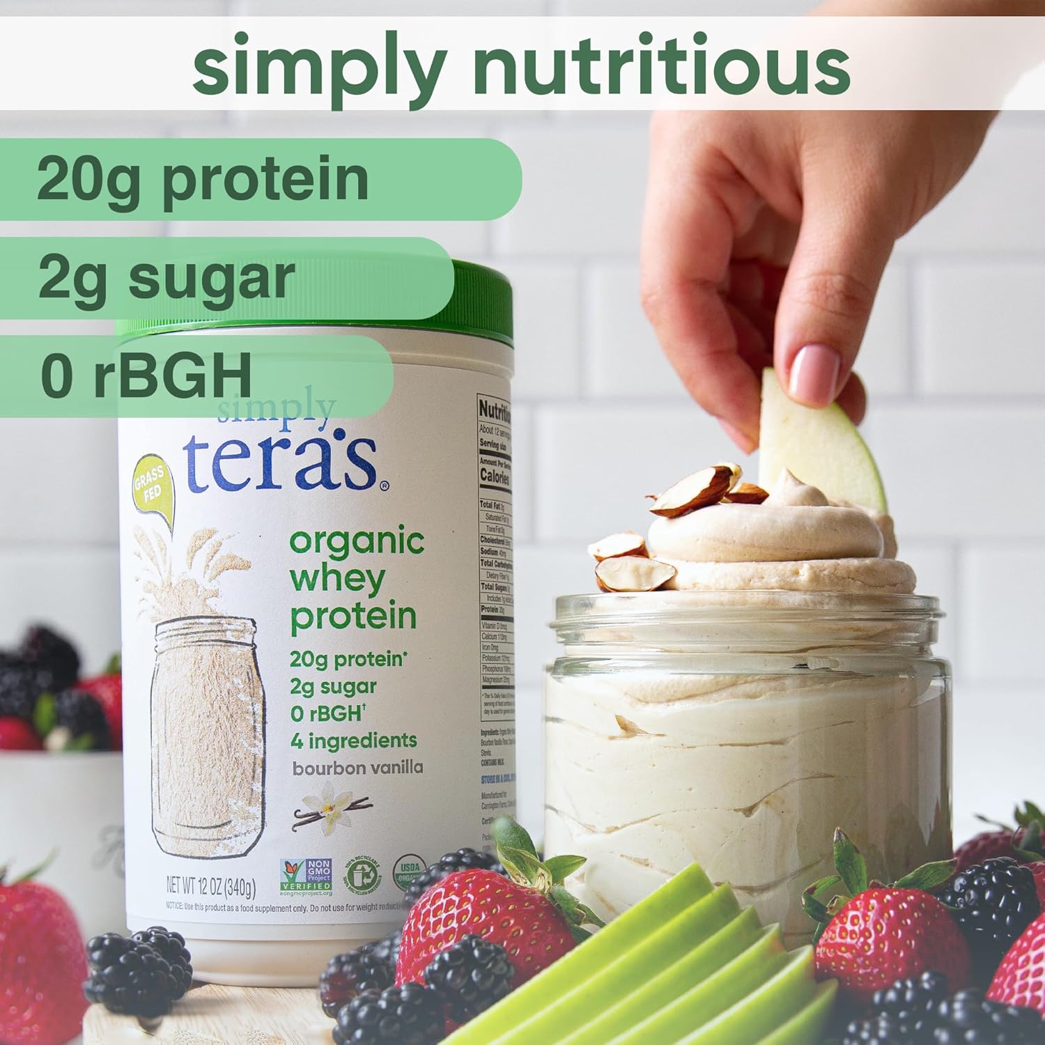 Alternative view of simply tera's Organic Whey Protein Powder - Grass Fed Vanilla Whey Protein Powder, Clean, Made Without Artificial Sweeteners, Non-GMO, Kosher, rBGH-Free, Organic - 12 Oz.