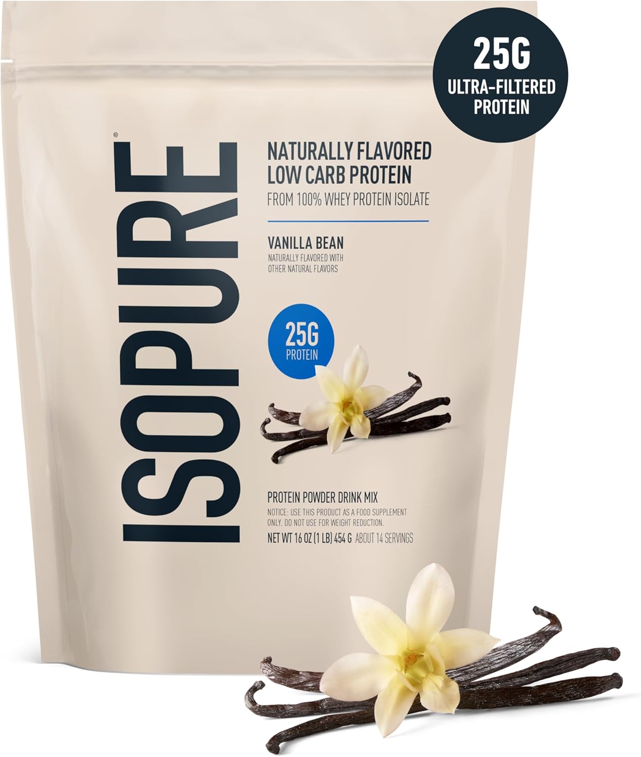 Isopure Low Carb 100% Pure Whey Isolate Protein Powder, Lactose Free, Gluten Free, With Vitamins, Vanilla Bean, 25g Protein Per Serving, 1 Lb, 14 Servings (Packaging May Vary)