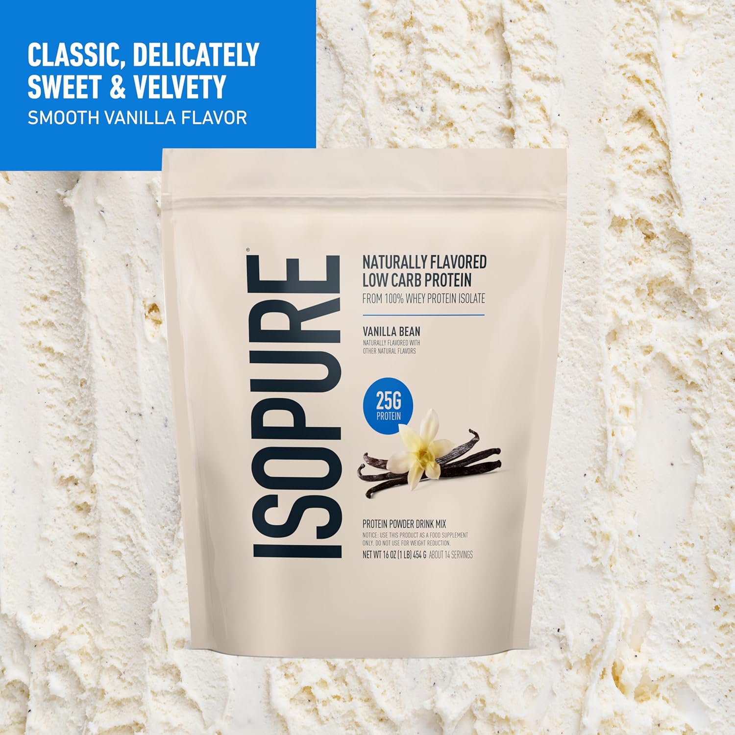 Alternative view of Isopure Low Carb 100% Pure Whey Isolate Protein Powder, Lactose Free, Gluten Free, With Vitamins, Vanilla Bean, 25g Protein Per Serving, 1 Lb, 14 Servings (Packaging May Vary)