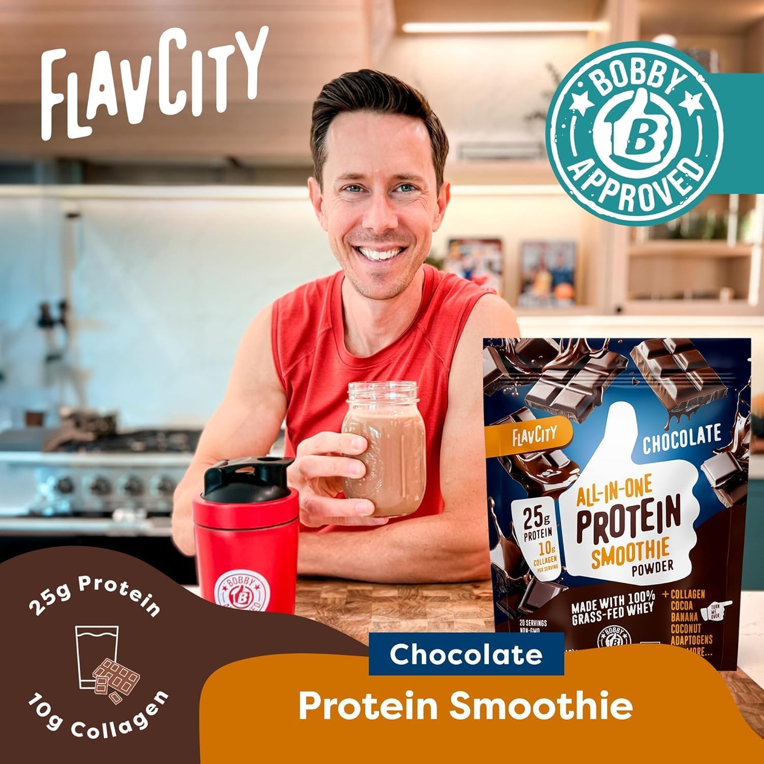 Alternative view of FlavCity Grass Fed Whey Chocolate Protein Powder - 25g Protein & 10g Collagen - Made with Organic Cocoa, Bananas & Coconut Milk - Gluten Free & No Added Sugars (20 Servings)